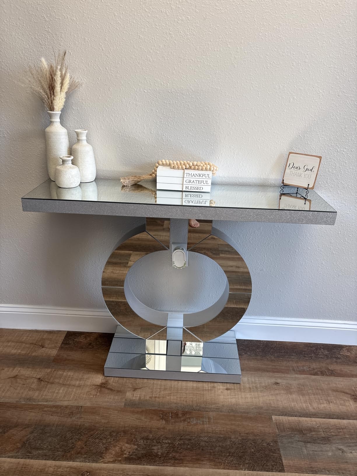 Tribesigns Modern Mirrored Console Table, Glass Sofa Table with Mirror Finish, 43-Inch Entryway Table with O-Shaped Base, Rectangular Accent Foyer Table for Living Room Hallway Entrance (Silver) customer photo 1