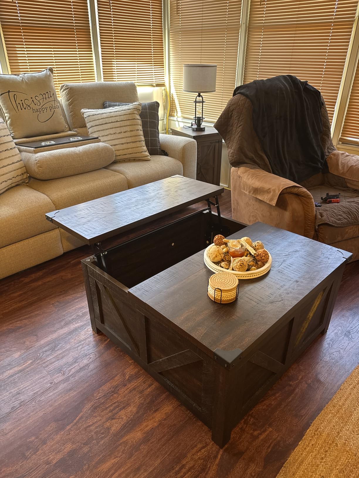 jimeimen Farmhouse Lift Top Coffee Table with Storage, Wood Square Center Table with Charging Station&USB Port, Living Room Table w/Large Hidden Space, for Living Room, Bedroom, Home Office, Brown customer photo 1
