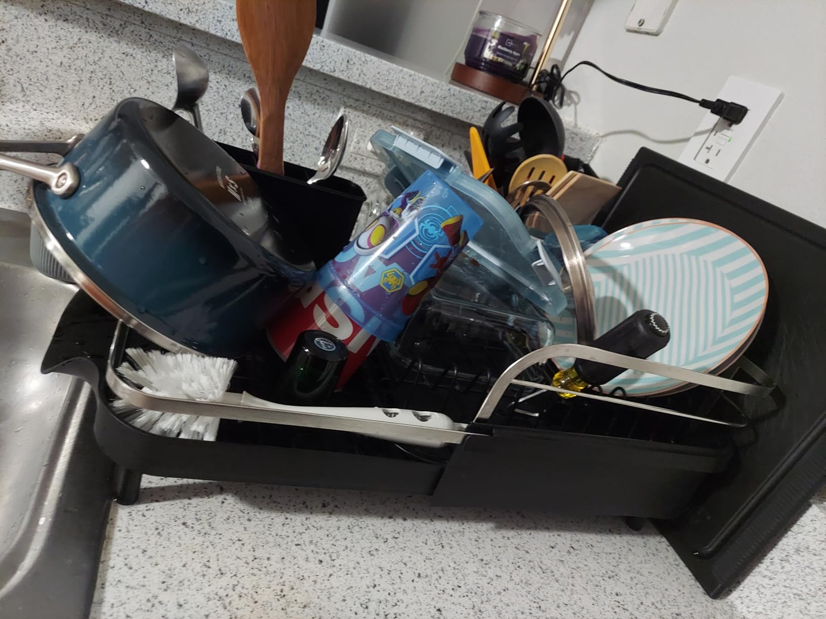 SNTD Dish Drying Rack, Expandable Dish Rack for Kitchen Counter, Stainless Steel Dish Drainer with Drainboard Set and Utensil Holder (Black) customer photo 2