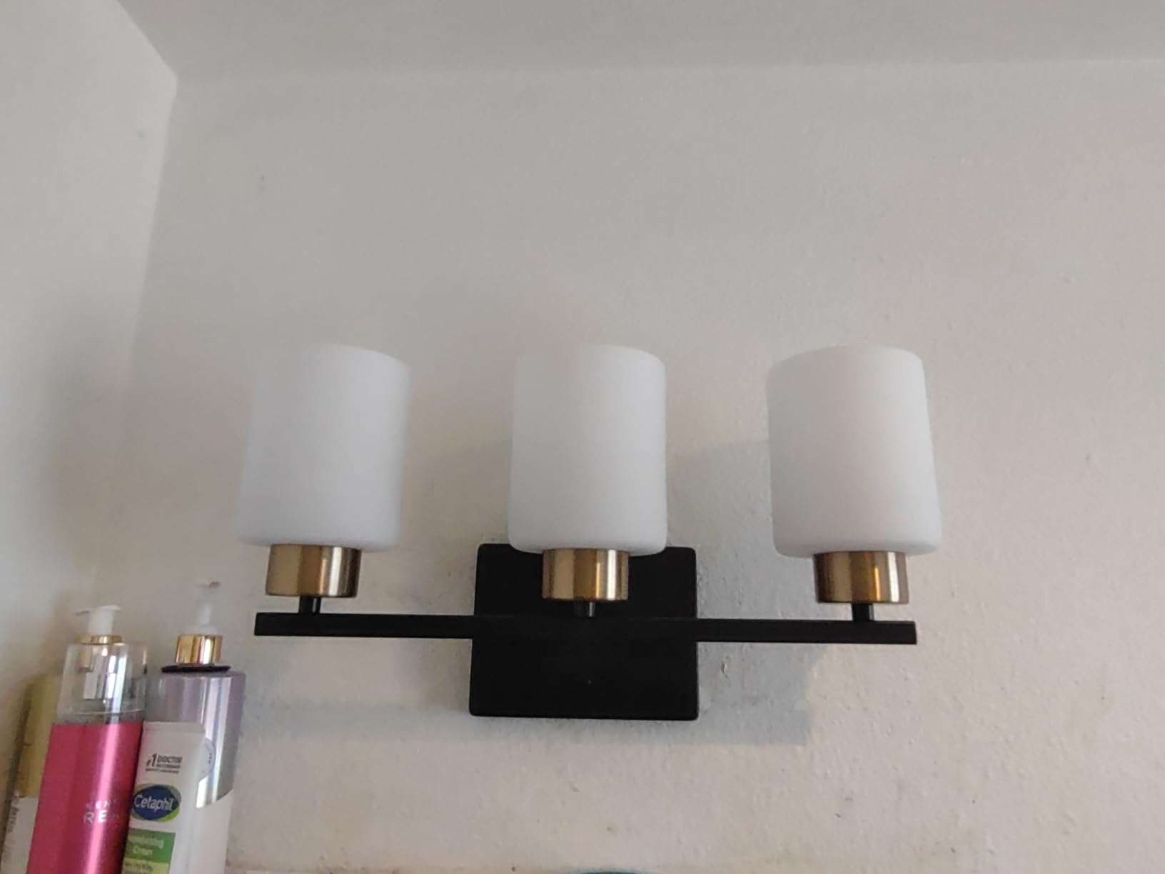 Brushed Nickel Bathroom Light Fixtures, 3-Light Modern Vanity Light Over Mirror, Wall Sconces with Milky White Frosted Glass Shades, E26 Socket customer photo 1