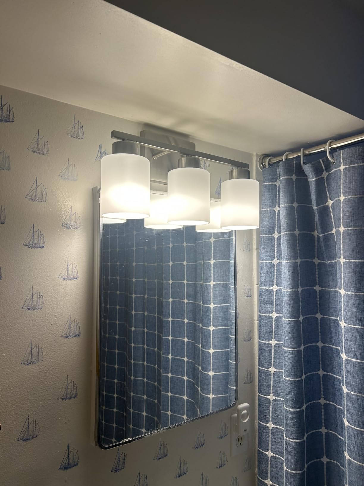Brushed Nickel Bathroom Light Fixtures, 3-Light Modern Vanity Light Over Mirror, Wall Sconces with Milky White Frosted Glass Shades, E26 Socket customer photo 2