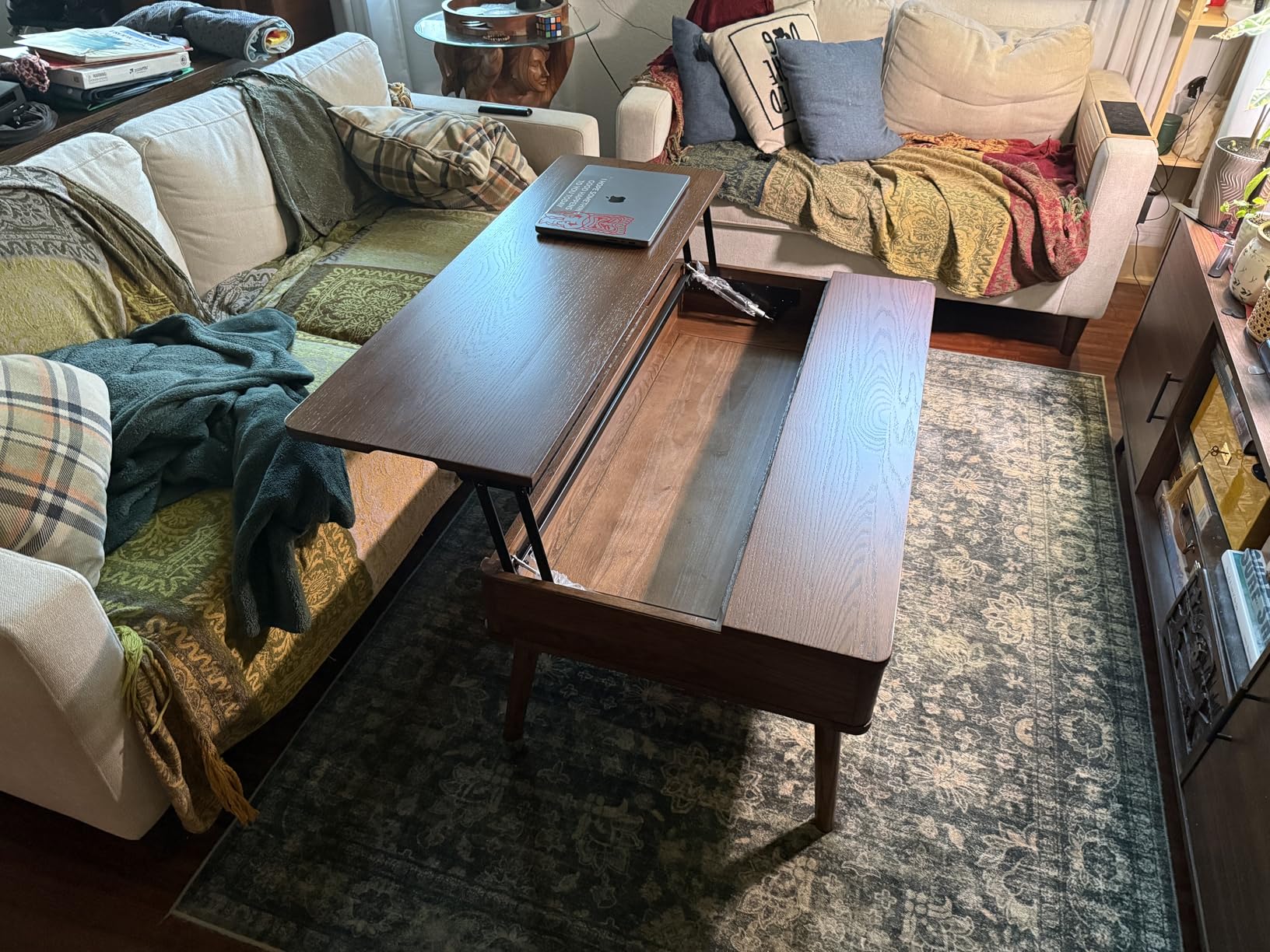 Solid Oak Wood Lift Top Coffee Table for Living Room, Mid Century Modern Tables with Drawers and Large Storage, Coffee Tables for Small Spaces (Oak Walnut Color, 39.37