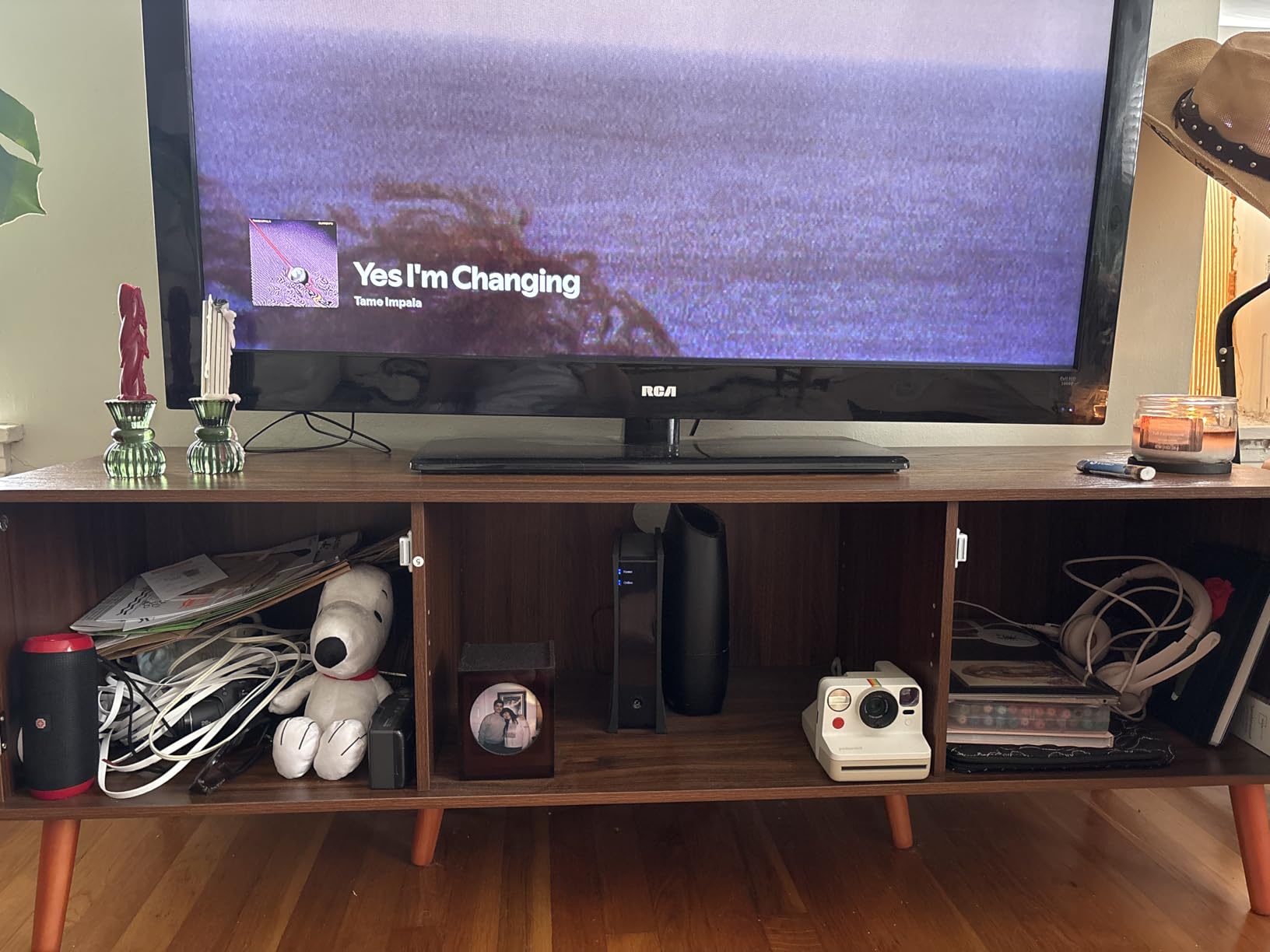 ZttRiee TV Stand for TVs up to 65'', Entertainment Center With Rattan Door, Shelves & 2 Cabinets, Long Boho Media Console for Living Room, Natural customer photo 1