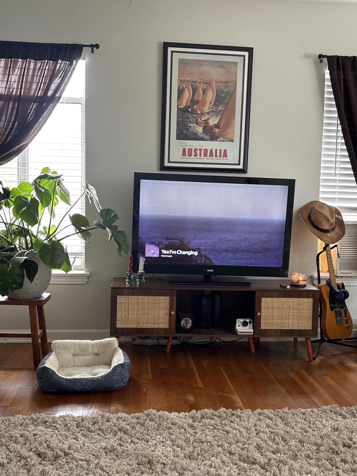 ZttRiee TV Stand for TVs up to 65'', Entertainment Center With Rattan Door, Shelves & 2 Cabinets, Long Boho Media Console for Living Room, Natural customer photo 2