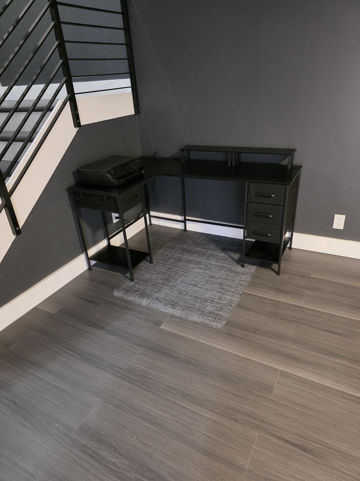 59 inch L Shaped Computer Desk with Power Outlets, Home Office Desk with 4 Adjustable Storage Drawers & 2 Monitor Stands, Two Person Gaming Table for Bedroom, Black customer photo 1