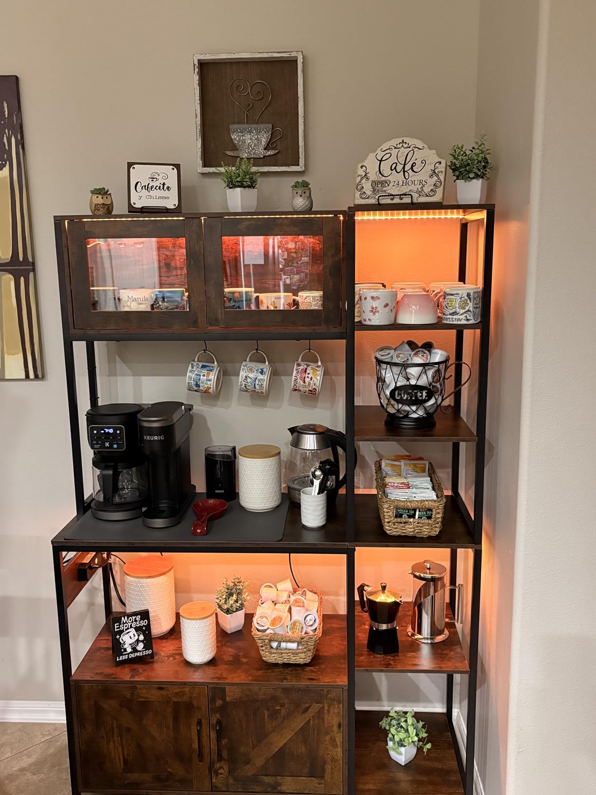 Itaar Bakers Rack with Power Outlet and LED Light, 45.3 Inch Farmhouse Coffee Bar Cabinet, Kitchen Microwave Stand with Storage, Glass Cabinet, Goblet Holder and 8 Hooks (Rustic Brown) customer photo 2