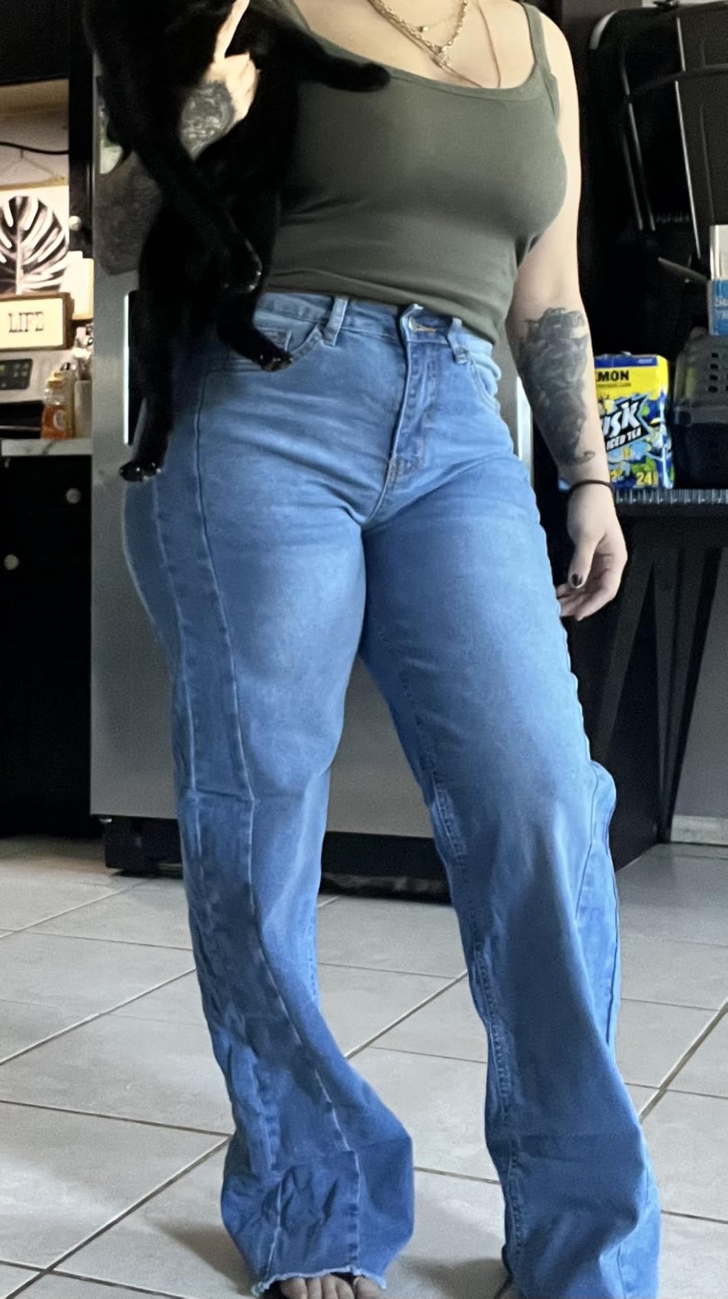 Women's Wide Leg Jeans High Waisted Stretchy Raw Hem Zimbaplatinum Denim Pants customer photo 1