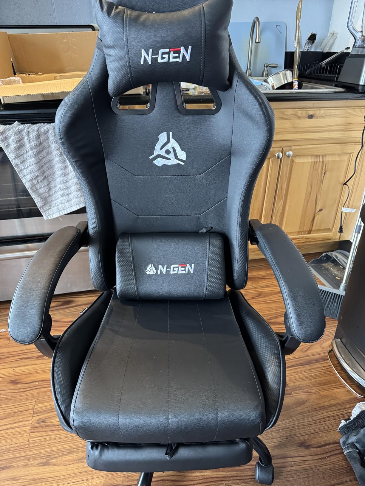 N-GEN GAMING Video Gaming Chair with Footrest Lumbar Support for Home Office High Back Recliner Height Adjustable Ergonomic Comfy Leather Computer Desk Chair (Black) customer photo 1