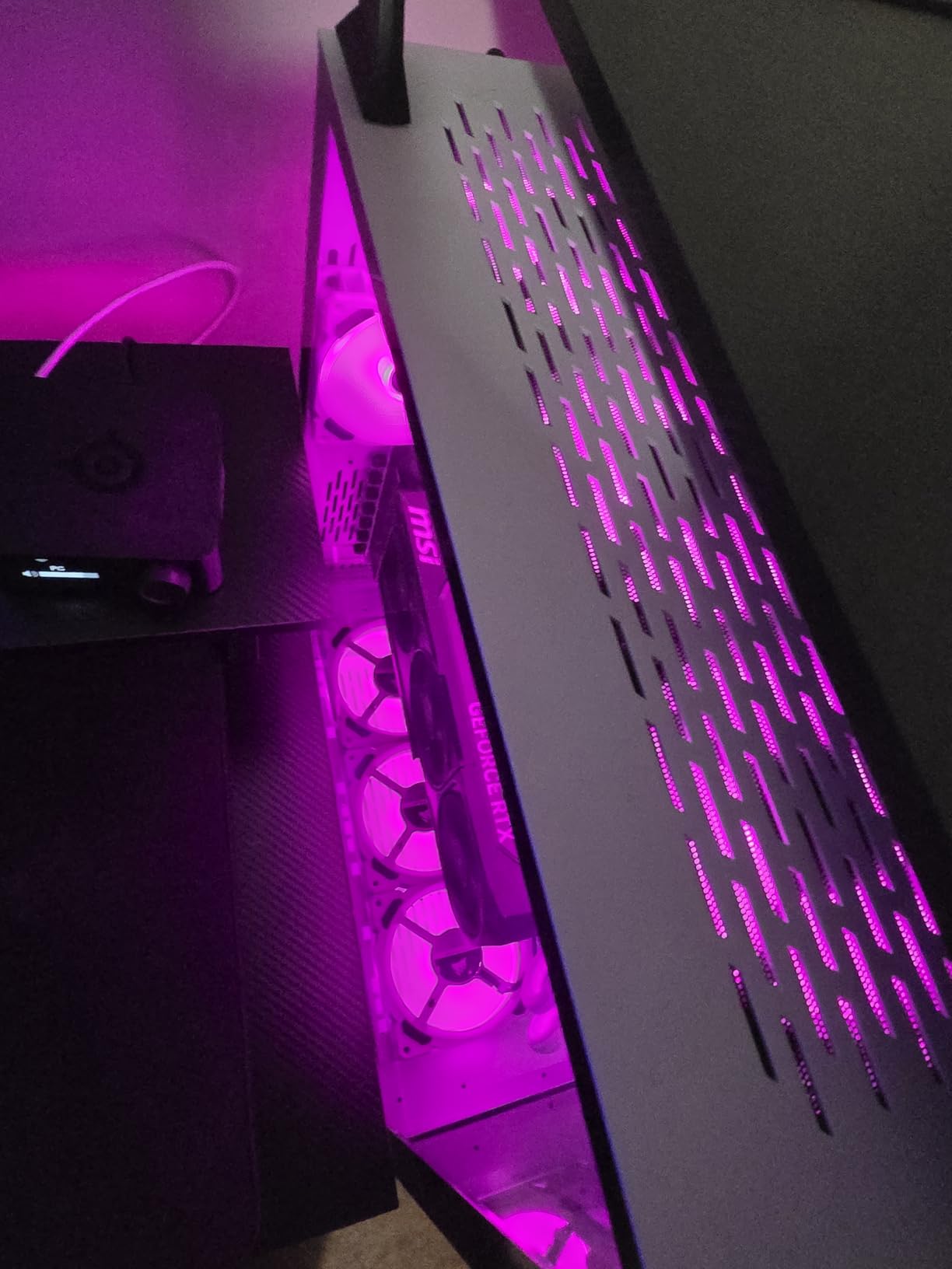 AODK 59 Inch Gaming Desk with LED Light- Reversible Computer Desk with Storage Shelves & Monitor Stand, Modern Gamer Desk Table with Fabric Drawers, Black customer photo 2