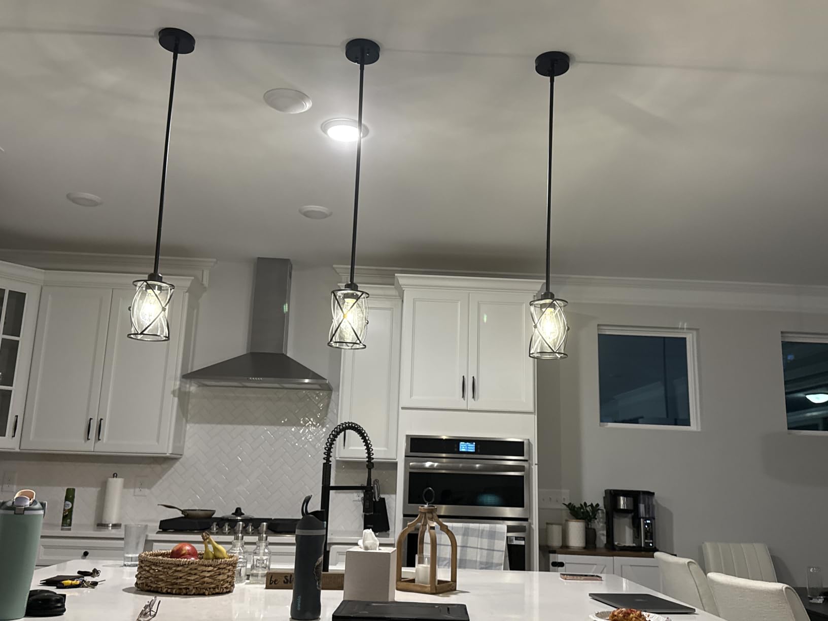 Brushed Nickel Pendant Lights Kitchen Island 3 Pack, Glass Kitchen Pendant Lighting Over Island with Rod, Modern Mini Hanging Light for Kitchen Sink Dining Room, CH9176BN-3PK customer photo 1