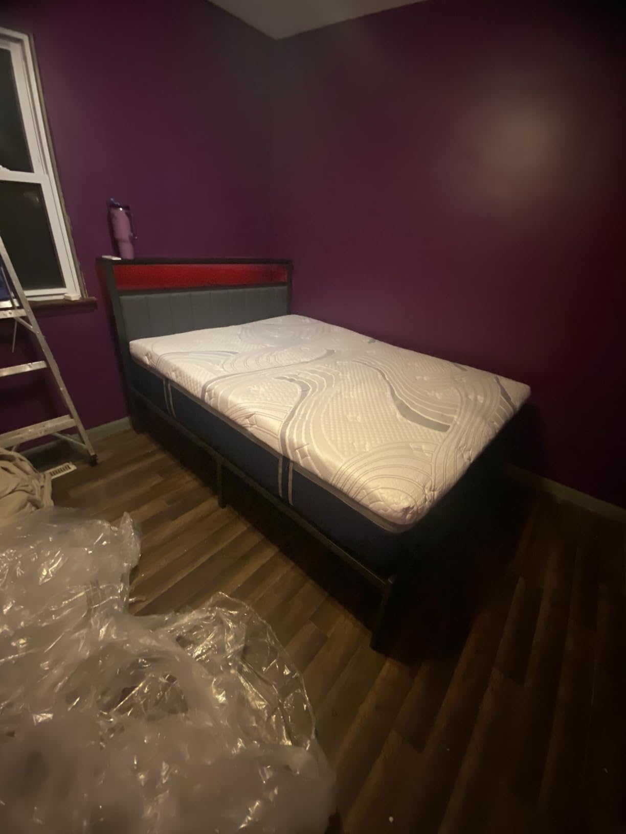 Furnulem Queen Size Bed Frame with Charging Station and LED Lights, Platform Bed with Metal Slats, Grey Upholstered Headboard with 2-Tier Storage Shelves, No Box Spring Needed customer photo 1
