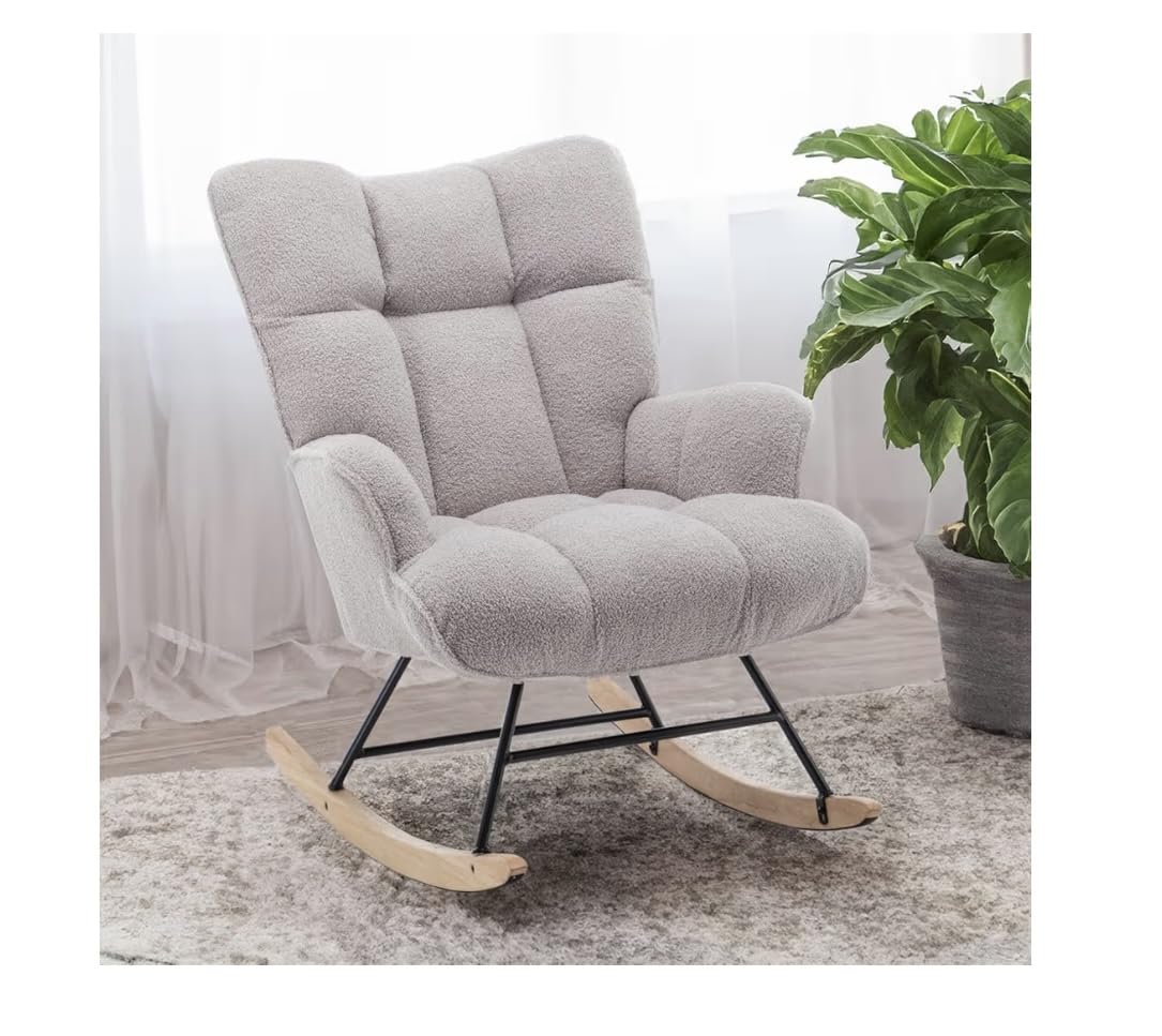SAETSFEG Rocking Chair Nursery Teddy Upholstered Glider Rocker with High Backrest (Grey Teddy) customer photo 1