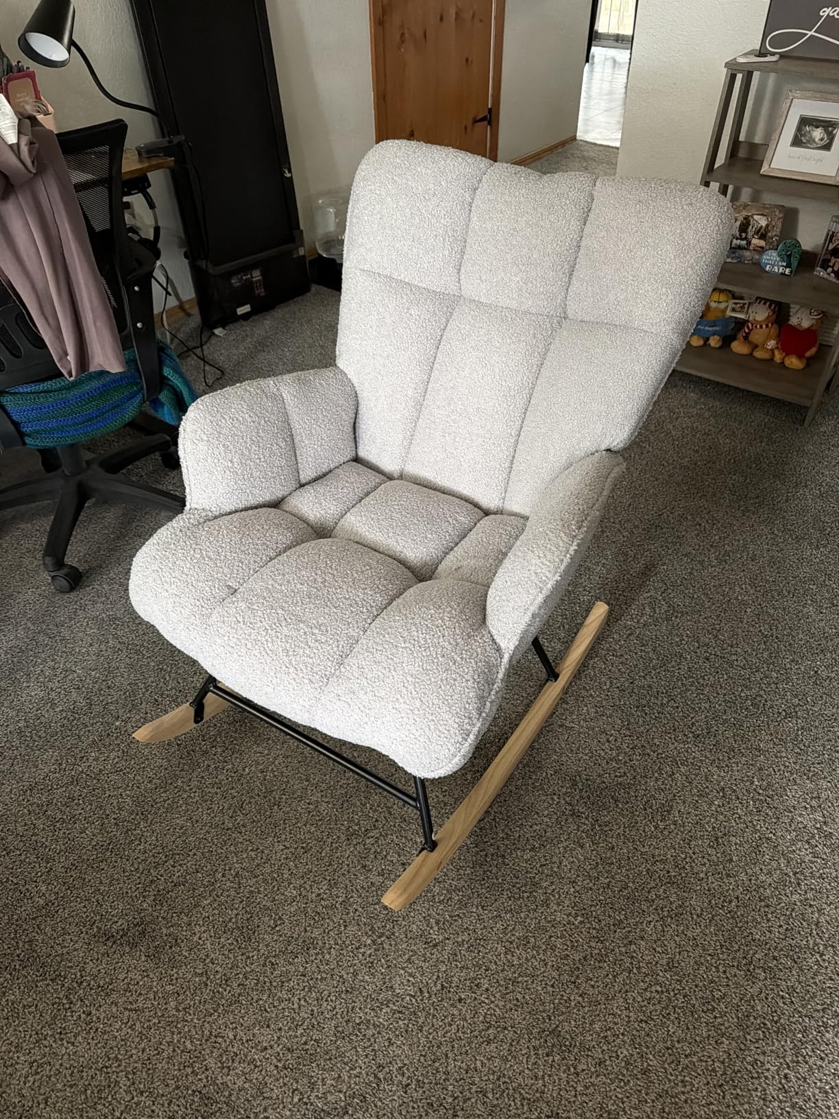 SAETSFEG Rocking Chair Nursery Teddy Upholstered Glider Rocker with High Backrest (Grey Teddy) customer photo 2