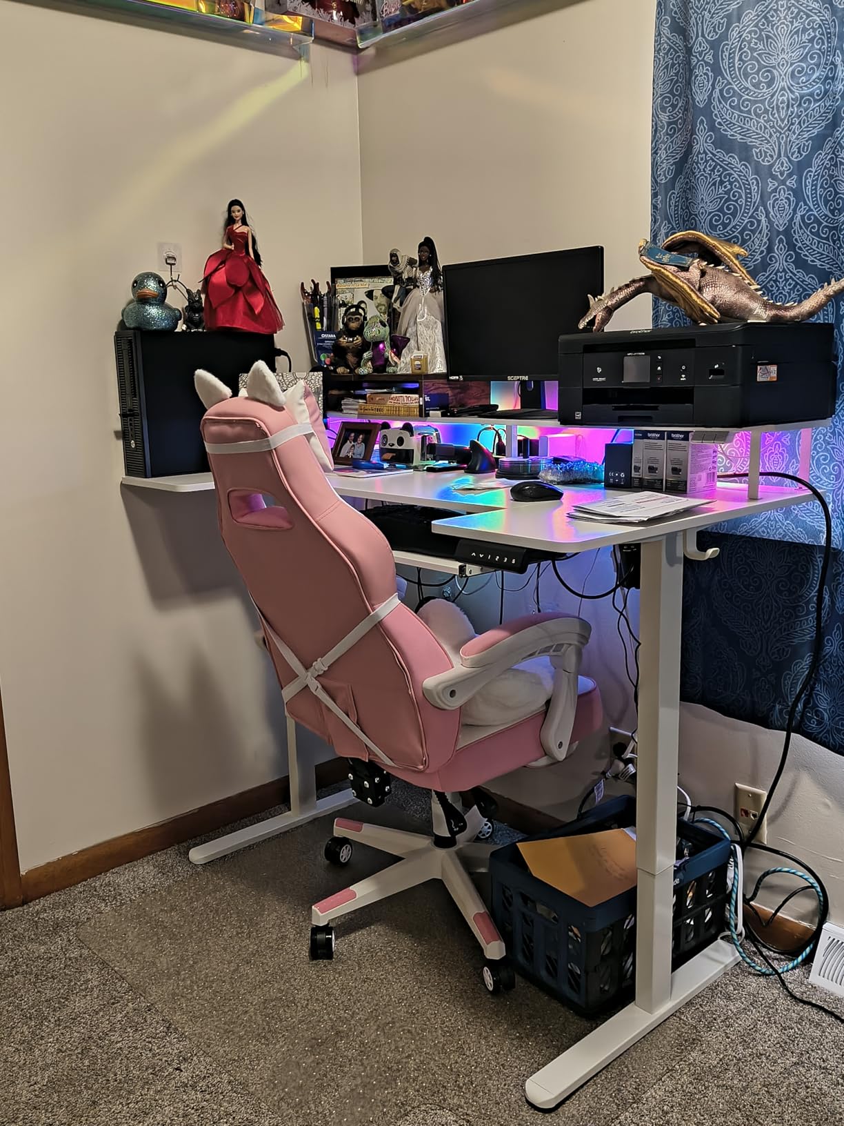 OffiGo U Shaped Electric Standing Desk with Keyboard Tray, 55 Inch Height Adjustable Desk with Power Outlets & LED Lights, Sit Stand Table with Monitor Stand for Home, Office, White customer photo 1