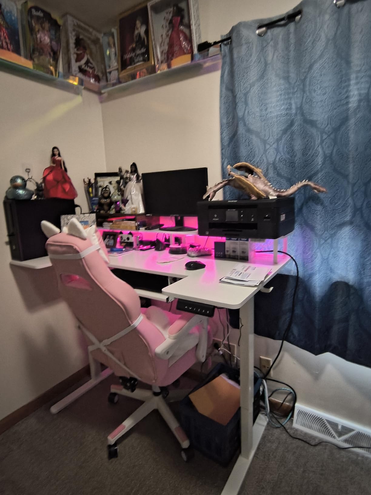 OffiGo U Shaped Electric Standing Desk with Keyboard Tray, 55 Inch Height Adjustable Desk with Power Outlets & LED Lights, Sit Stand Table with Monitor Stand for Home, Office, White customer photo 2