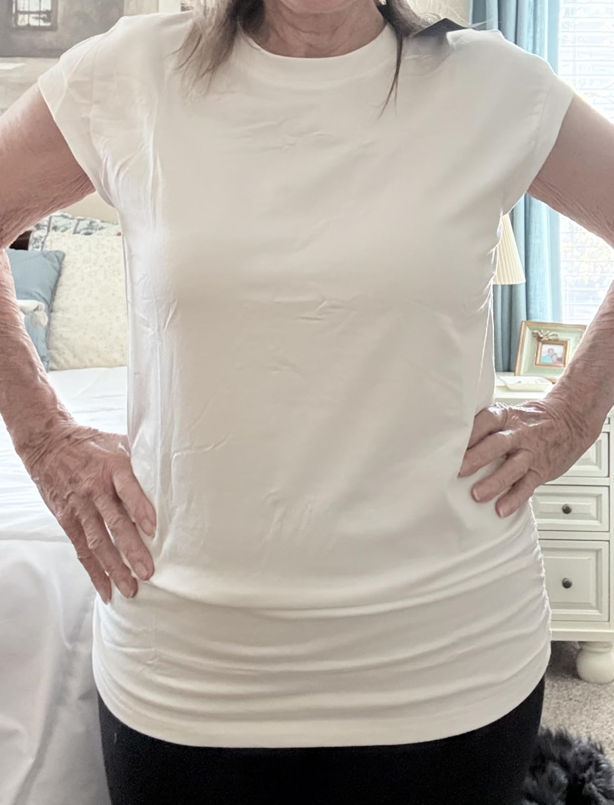 Womens Summer Tops Trendy 2025 Ruched Cap Short Sleeve Tshirts Shirts Crew Neck T Shirts Fashion customer photo 1