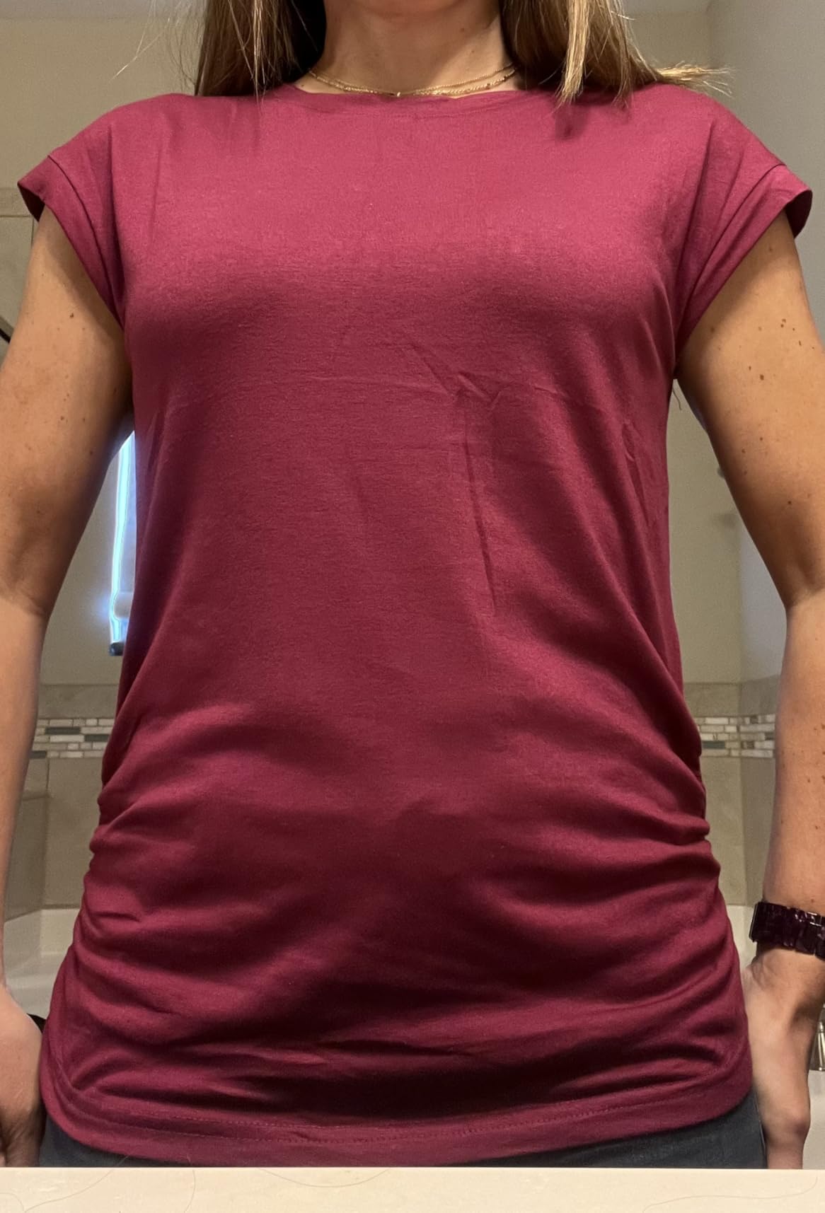 Womens Summer Tops Trendy 2025 Ruched Cap Short Sleeve Tshirts Shirts Crew Neck T Shirts Fashion customer photo 2