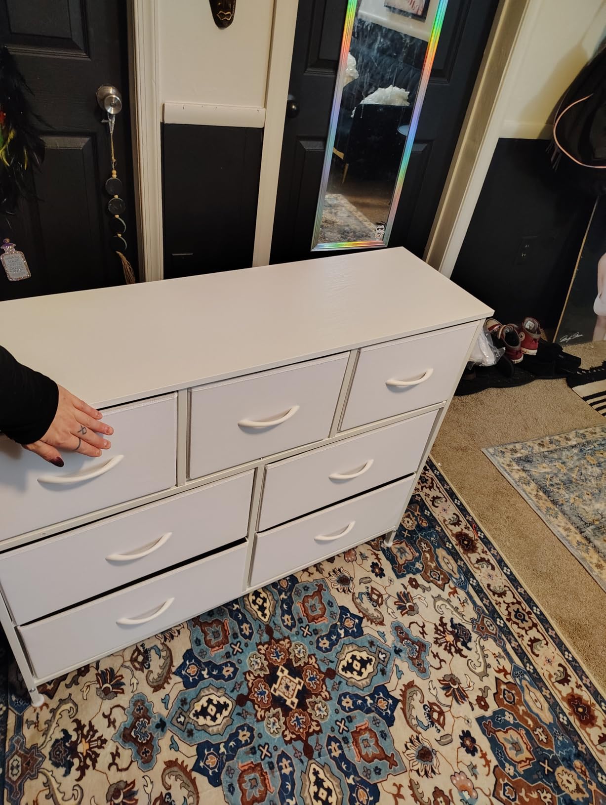 OLIXIS 7 Drawer Dresser for Bedroom, Wide Fabric Storage Tower with Wooden Top and Metal Frame, Closet Chest Organizer Furniture, TV Stand for Living Room Hallway, White customer photo 2