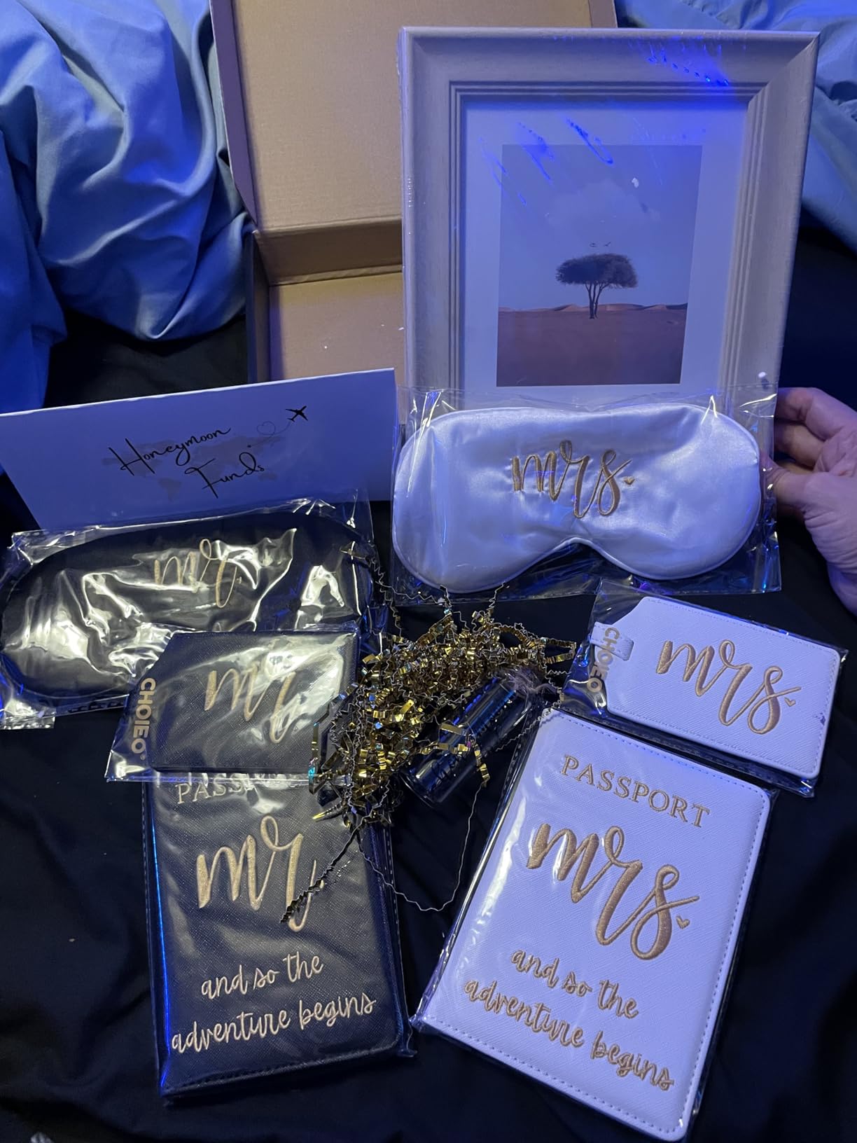 Mr and Mrs Honeymoon Travel Gift Set, Includes Embroidered Passport Covers, Luggage Tags, Eye Masks, Honeymoon Sand Keepsake Jar, Picture Frame, Honeymoon Funds Envelope (Classic) customer photo 2