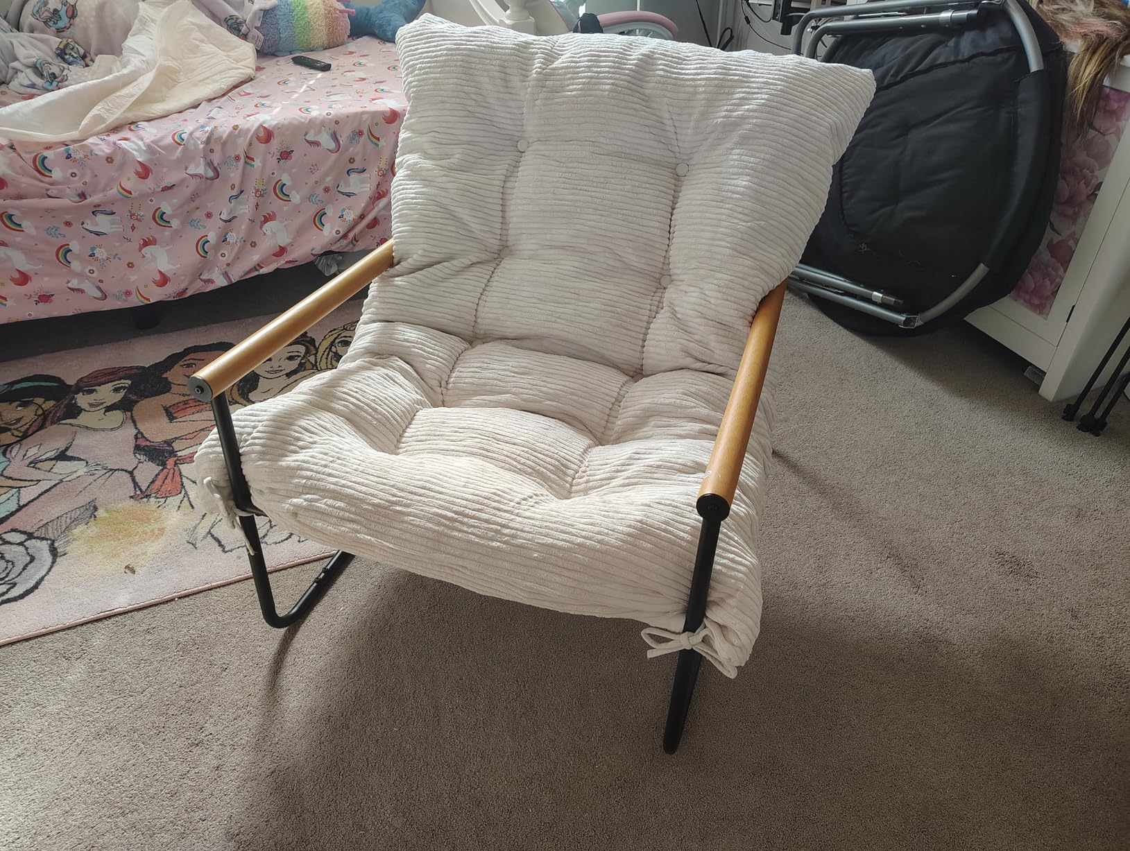 MAXYOYO Modern Accent Chair, Comfy Living Room Chair with Metal Frame Wooden Armrest, Upholstered Armchair with Soft Cushion for Bedroom Balcony Lounge Reading Room, Beige customer photo 1