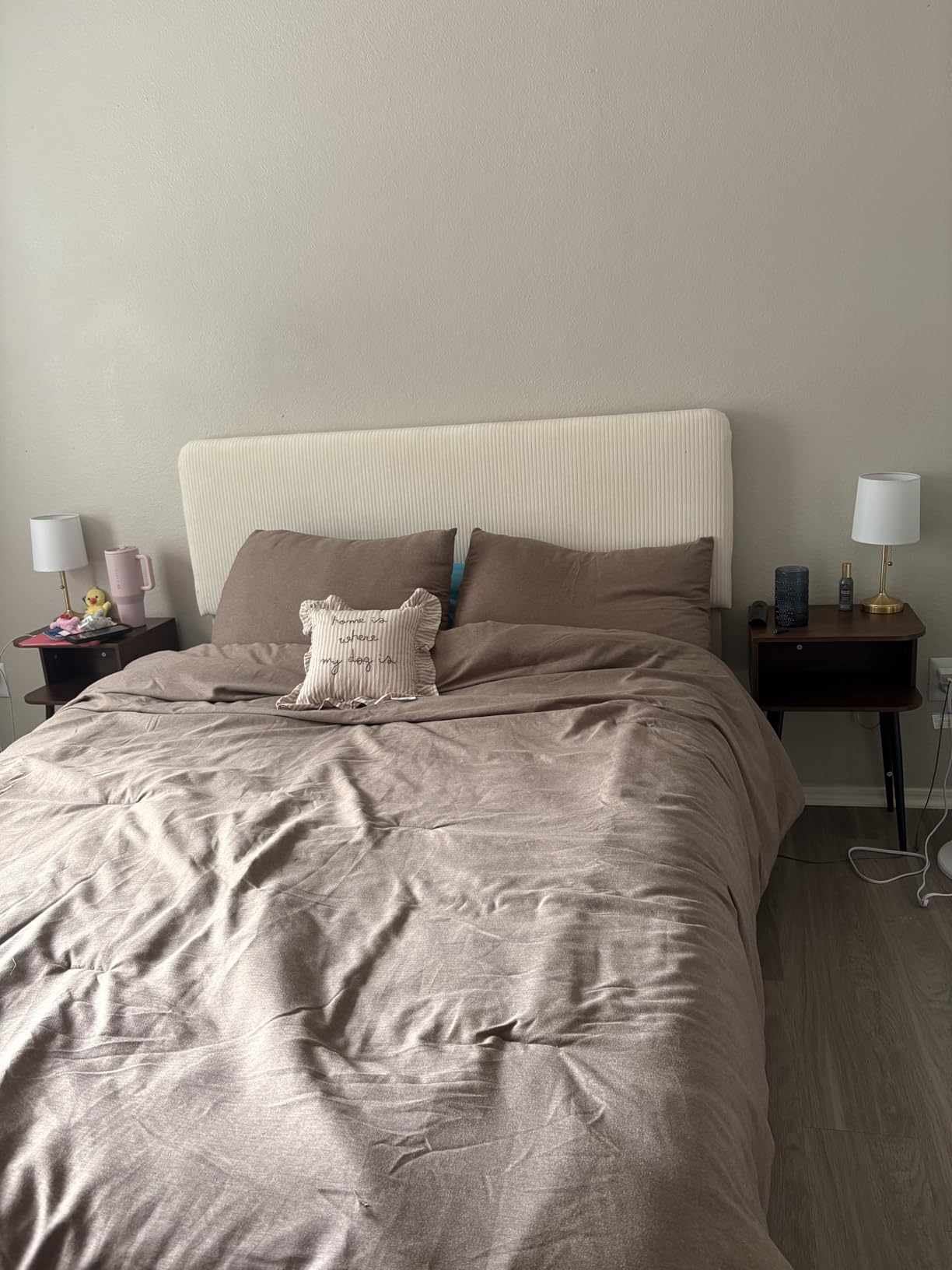 Yaheetech Queen Bed Frames with Adjustable Headboard, Chenille Fabric Upholstered Headboard/Platform Bed, Queen Size Bed Frame No Box Spring Needed/Wood Slats Support/Easy Assembly/Beige customer photo 2