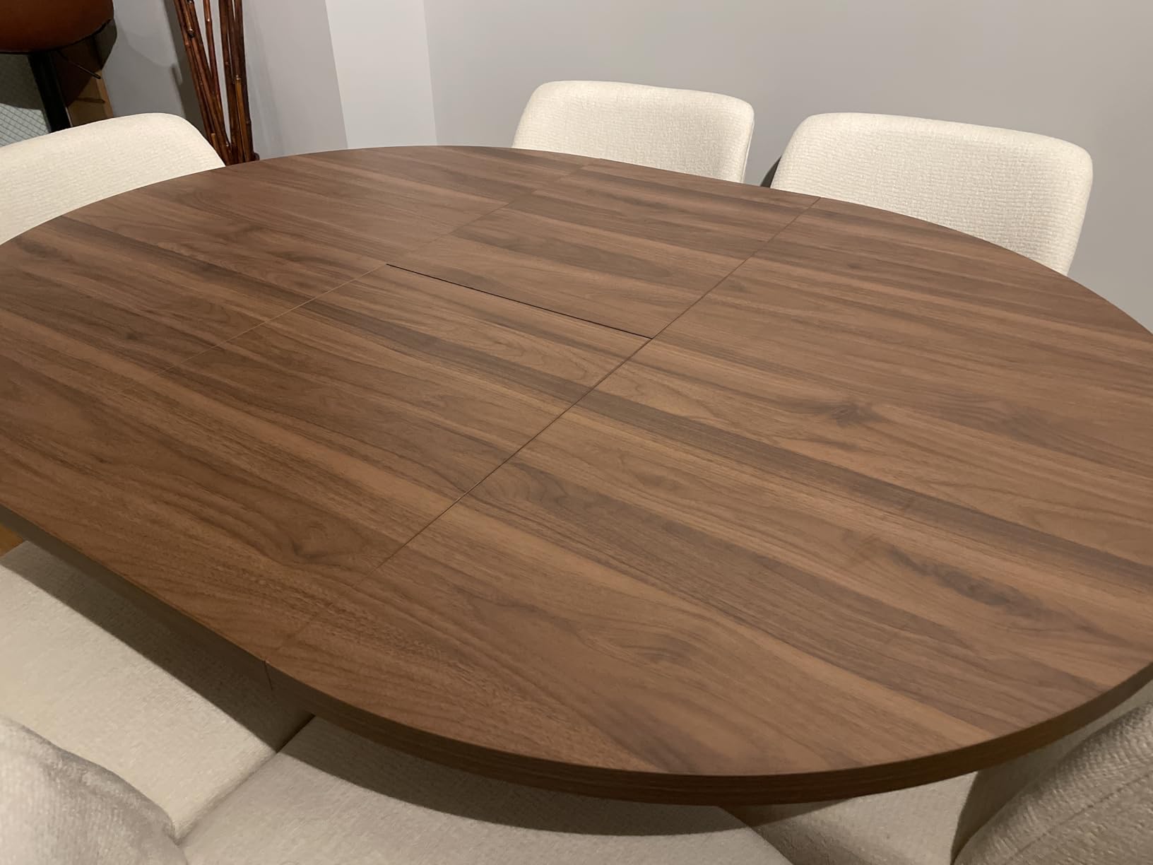 43.3in-59in Extendable Round Dining Table for 4-8, Modern Kitchen Oval Dining Table with Removable Leaves Space Saving, Wood Base with Storage Shelf for Kitchen Living Room (Walnut) customer photo 1