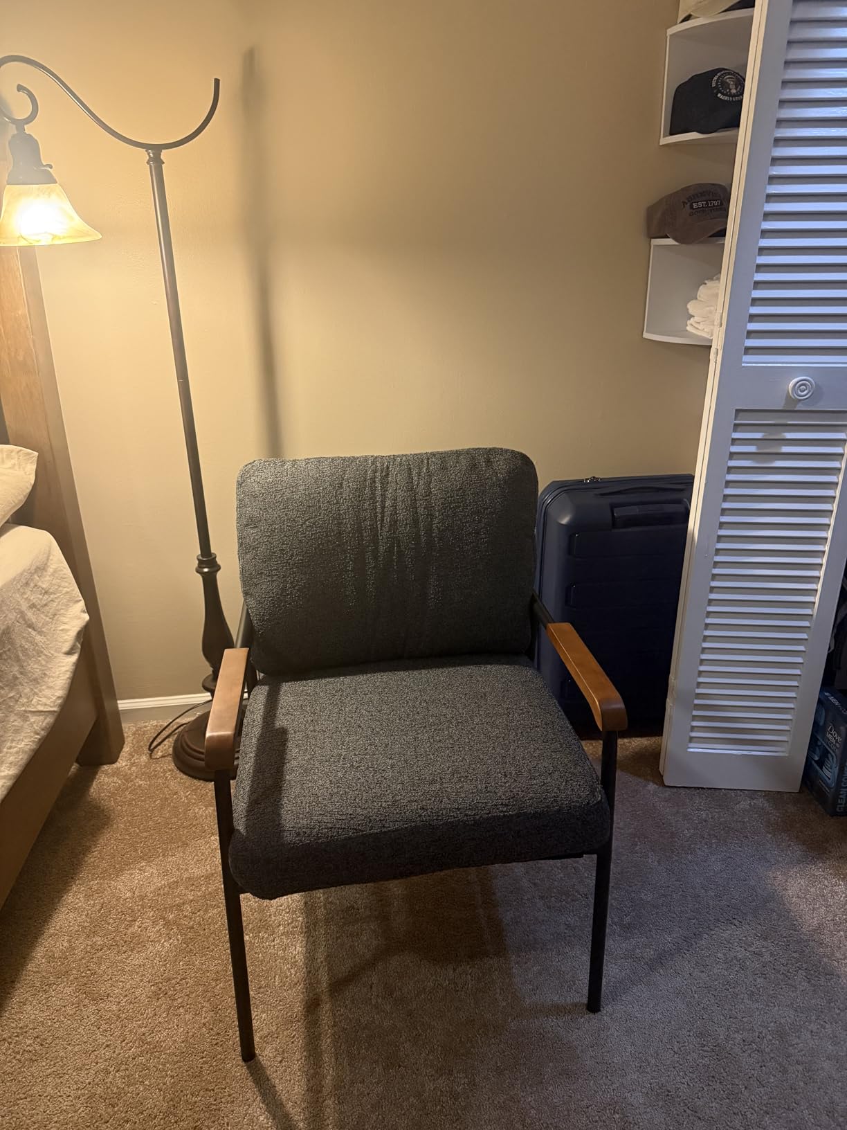 VINGLI Mid-Century Modern Accent Armchair for Small Space, Small Comfy Upholstered Leisure Reading Chair with Wood Armrest for Bedroom, Living Room, Waiting Room, Linen Grey customer photo 1