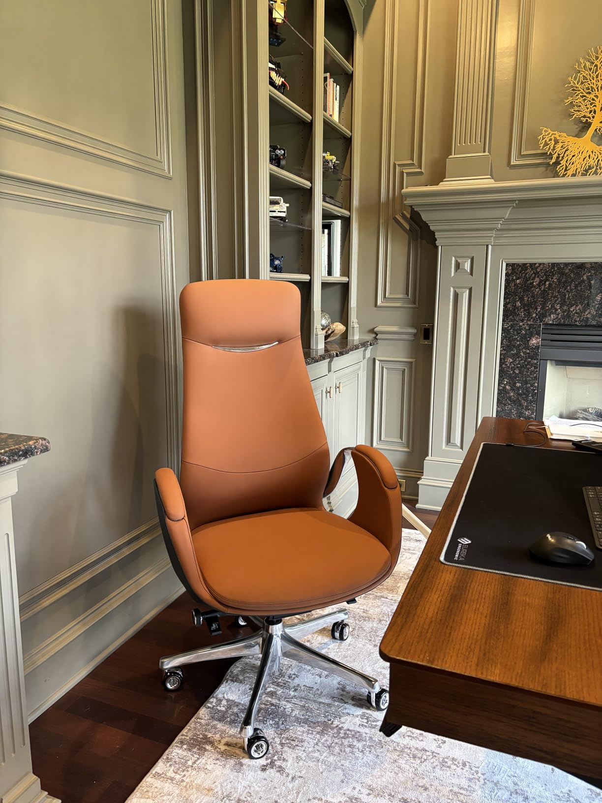 TOMU Top Grain Genuine Leather Executive Office Chair Brown, Luxury Office Chair with Aluminum Sturdy Base, High Back Ergonomic Boss Chair for Long Hours, Reclining and Rolling smoothly customer photo 1