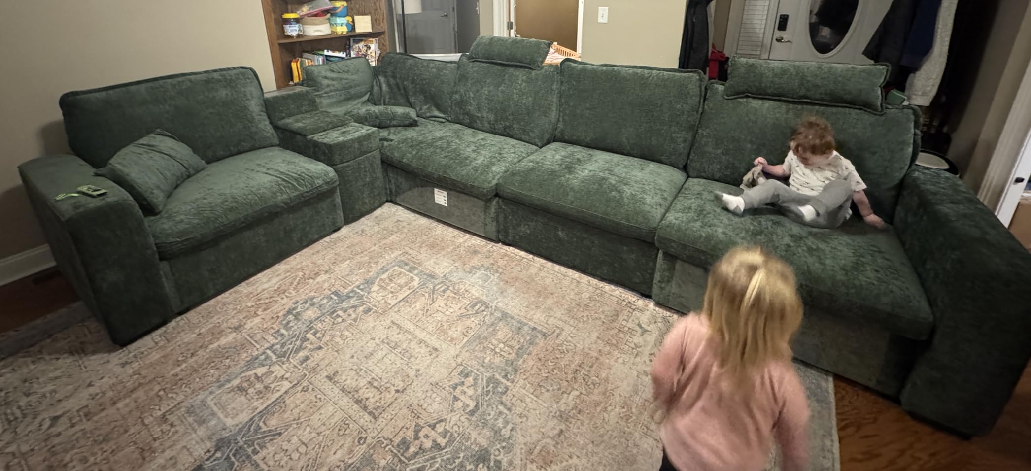 Oversized Modular Sectional Sofa with Double Power Recliner, Cloud Reclining Couch with Headrest, Storage Drawer Charging Cup Holders, Deep L-Shaped 6 Seater with Corner, Chenille, Green customer photo 1