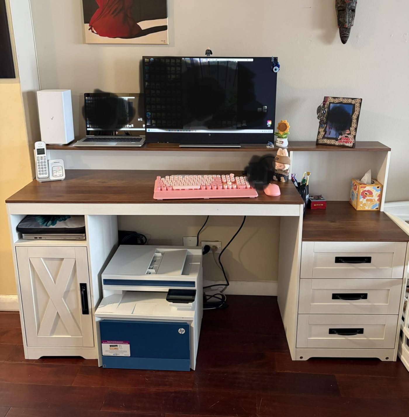 TVU Farmhouse Computer Desk with Drawers, 65'' Home Office Desk with Power Outlets, Storage Cabinet and Printer Stand, Study Writing Desks with Long Monitor Stand, Brown and White customer photo 1