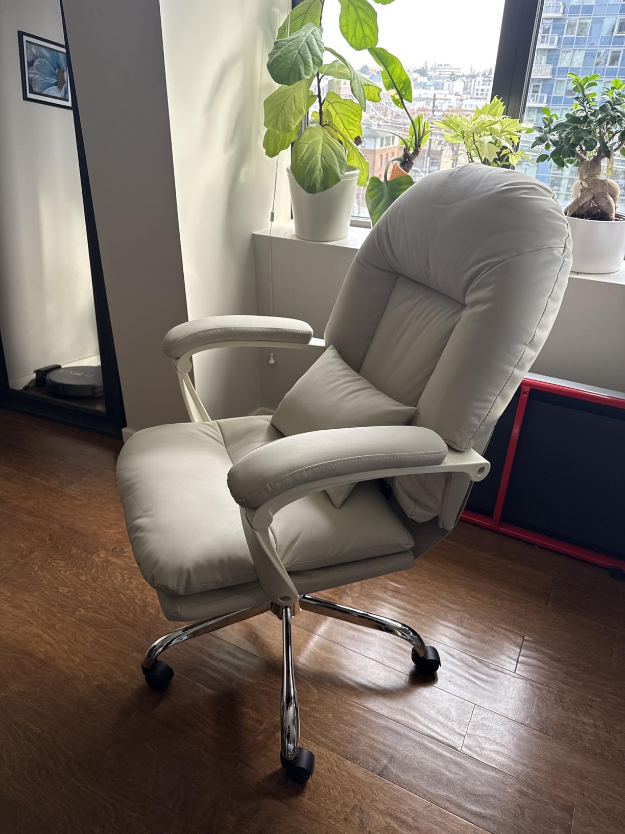 EMIAH Ergonomic Office Chair with Foot Rest Criss Cross Chair with Wheels Reclining Executive Office Chair Mid Back PU Leather Swivel Computer Chairs Lumbar Support for Home Office (Beige) customer photo 2