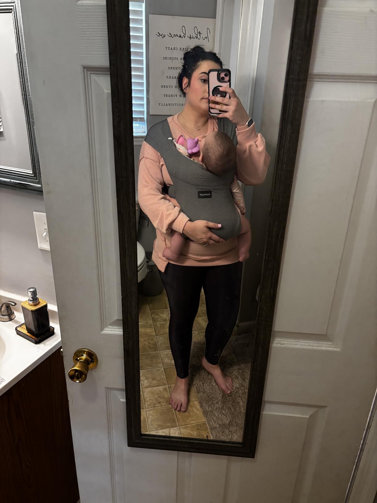 Momcozy Portable Baby Carrier - Compact & Lightweight, Adjustable for Travel, Fold & Go Convenient Storage Hip Pouch, Wide Shoulder Straps, Soft Skin-Friendly Fabric, for Babies 12-35 lbs (Grey) customer photo 2