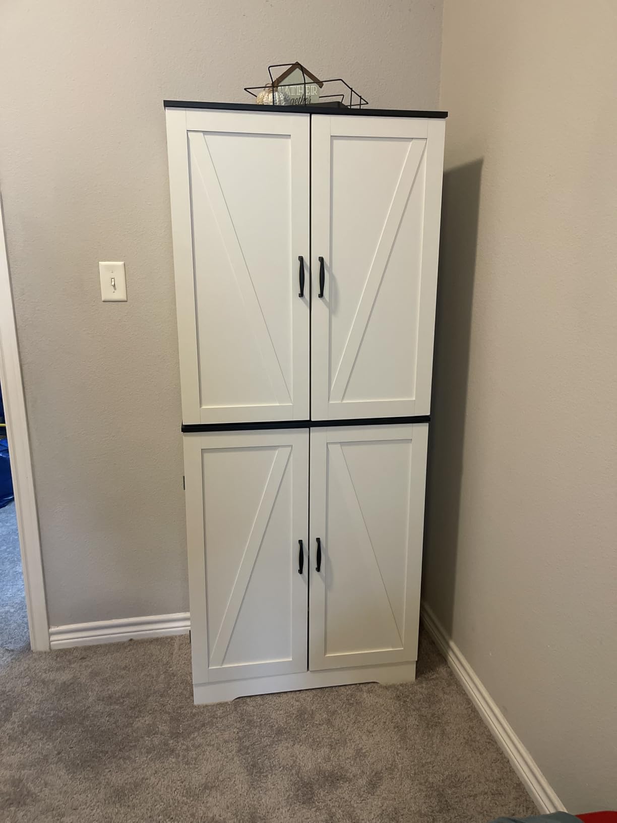 Vongrasig Kitchen Pantry Storage Cabinet with Barn Doors, Drawer and Adjustable Shelves, 6-Tier Tall Rustic Wood Cupboard Locker for Kitchen, Dining Room, Living Room, Bathroom, (White) customer photo 2