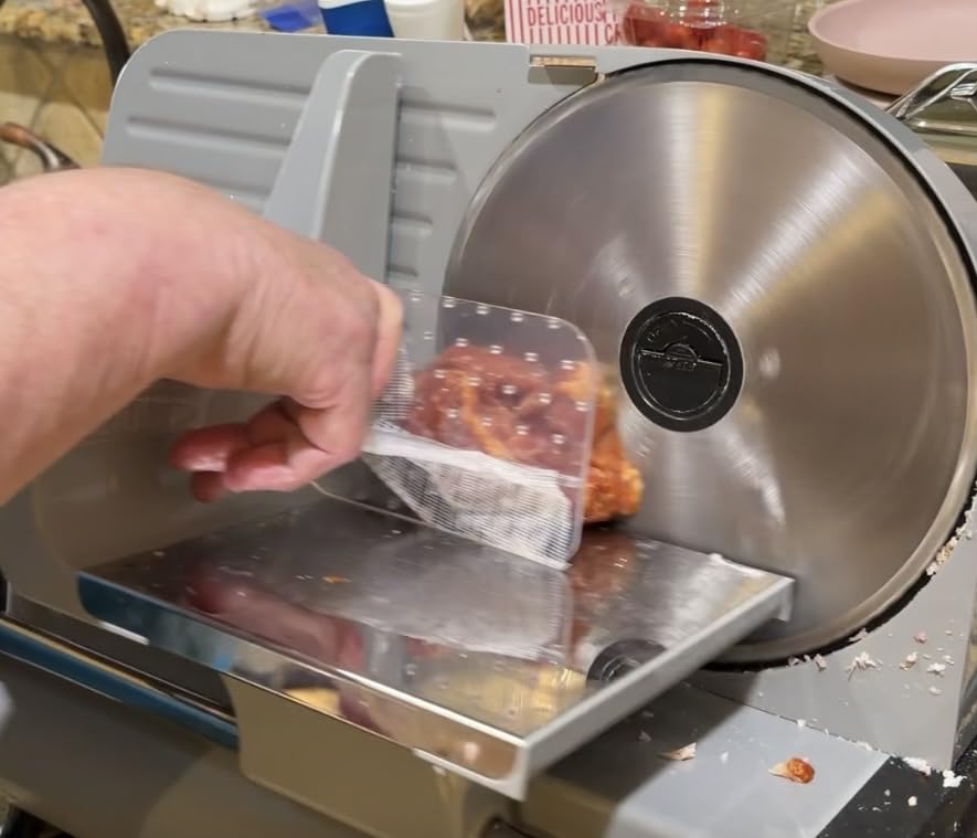 OSTBA Electric Meat Slicer with 200W DC Motor, 2 Removable 8.7'' Stainless Steel Blades, Adjustable Thickness 0-15mm, Food Tray & Hand Grip, Commercial Deli Food Slicer for Meat, Cheese, Bread, Veggies customer photo 1