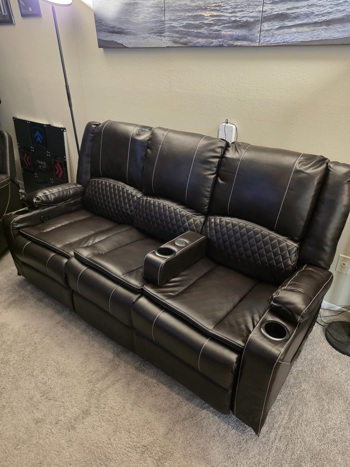 Recliner Sofa 3 Seater Sofa with Recliner, Home Theater Seating with Liftable Console & Removable Armrest, Manual PU Leather Reclining Couch with Cup Holders & USB Ports for Living Room/RV (PU,Brown) customer photo 1