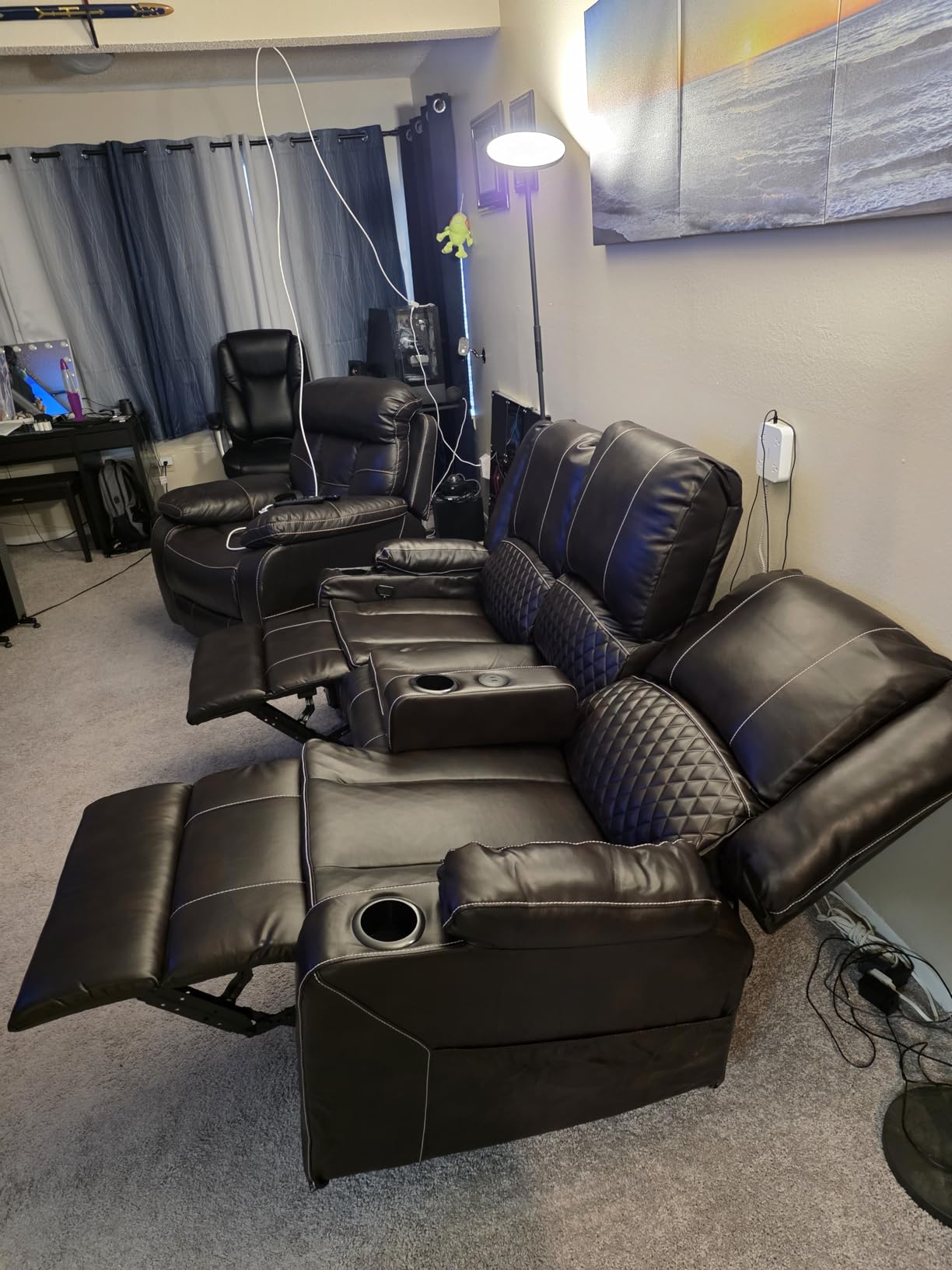 Recliner Sofa 3 Seater Sofa with Recliner, Home Theater Seating with Liftable Console & Removable Armrest, Manual PU Leather Reclining Couch with Cup Holders & USB Ports for Living Room/RV (PU,Brown) customer photo 2