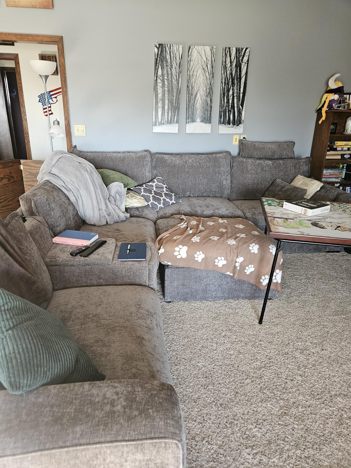 Oversized Modular Sectional Sofa with Double Power Recliner, Cloud Reclining Couch with Headrest, Storage Drawer Charging Cup Holders, Deep L-Shaped 6 Seater with Corner, Chenille, Grey customer photo 2
