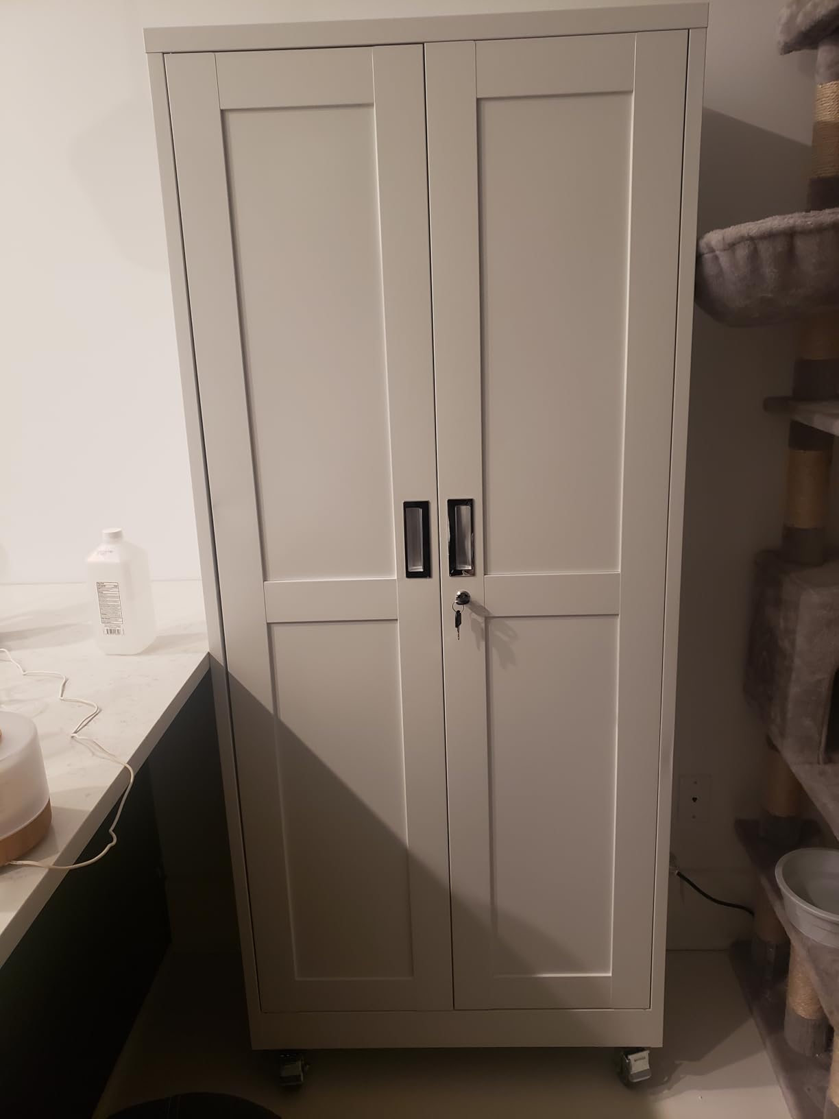 75''H Metal Garage Storage Cabinet with Wheels, Steel File Cabinets with 2 Doors and 5 Adjustable Shelves for Home Office, Warehouse, Required Assembly, White customer photo 1