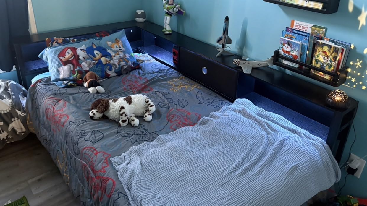 Hasuit Corner Twin Bed Frame with Storage Drawers and Bookcase Headboard, Twin Size Metal Platform Corner Bed Frame with Charging Station and LED Lights, Twin Daybed for Kids Teens Guests, White customer photo 1
