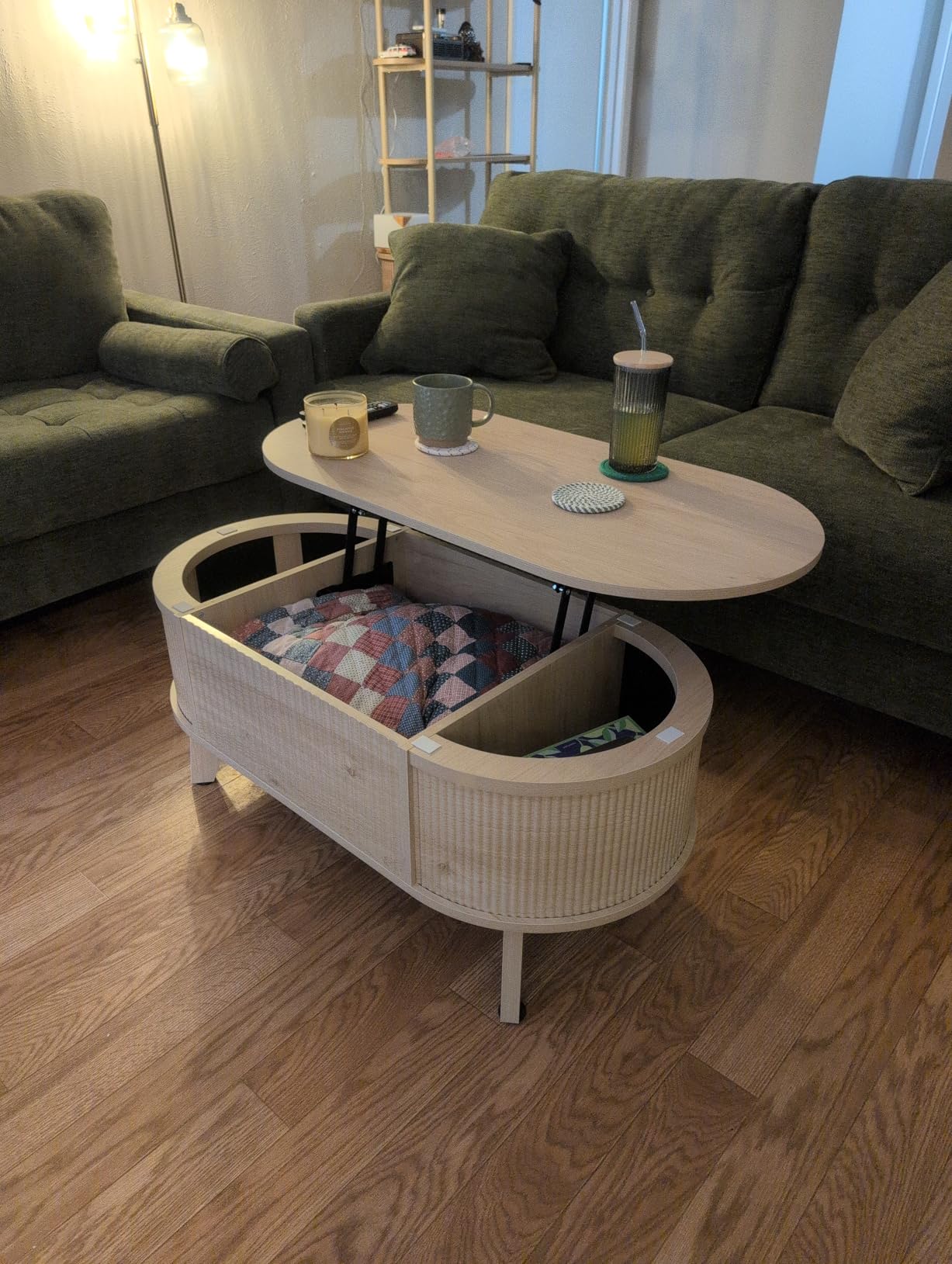 LYNCOHOME Fluted Lift Top Coffee Table with Storage, Modern Oval Coffee Table for Living Room or Home Office (Walnut) customer photo 1