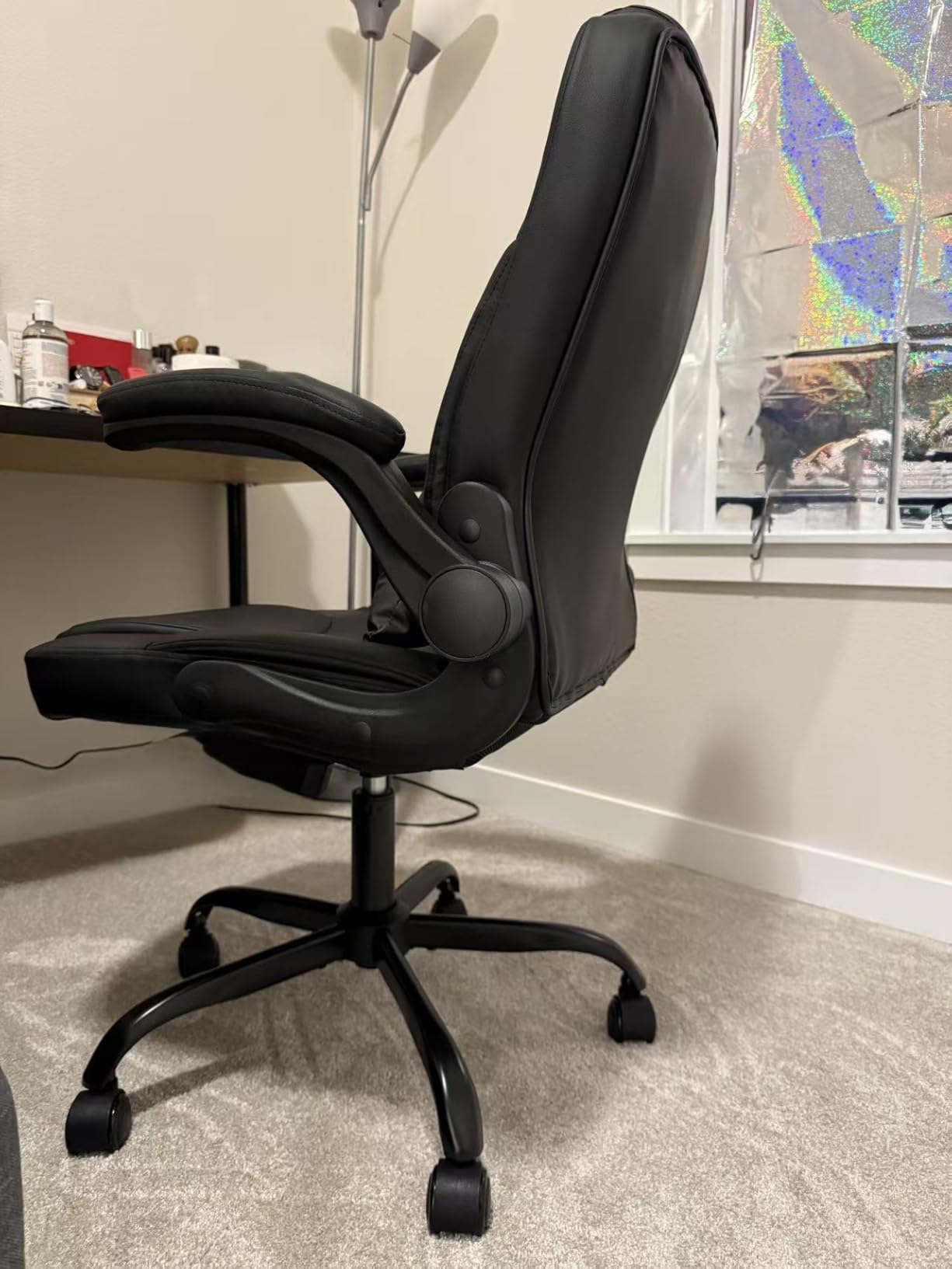 Executive Office Chair PU,Leather Office Chair with Wheels,360° Swivel Rolling Chair with Padded Arms,Ergonomic Computer Chair with Lumbar Support for Short People Use(Black) customer photo 2