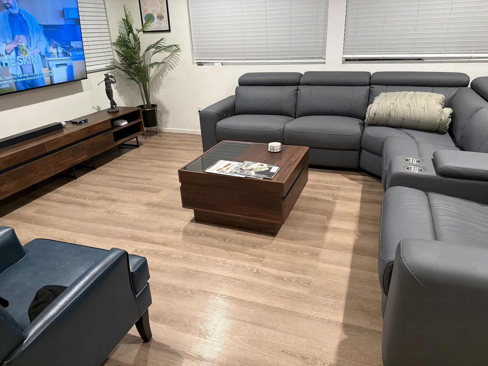 AMERLIFE Power Recliner Sectional Sofa with Storage/USB Port, Leather Recliner Sofa with Adjustable Headrest, Reclining Sectional Couches with Console and Cup Holder for Living Room (Beige Brown) customer photo 1