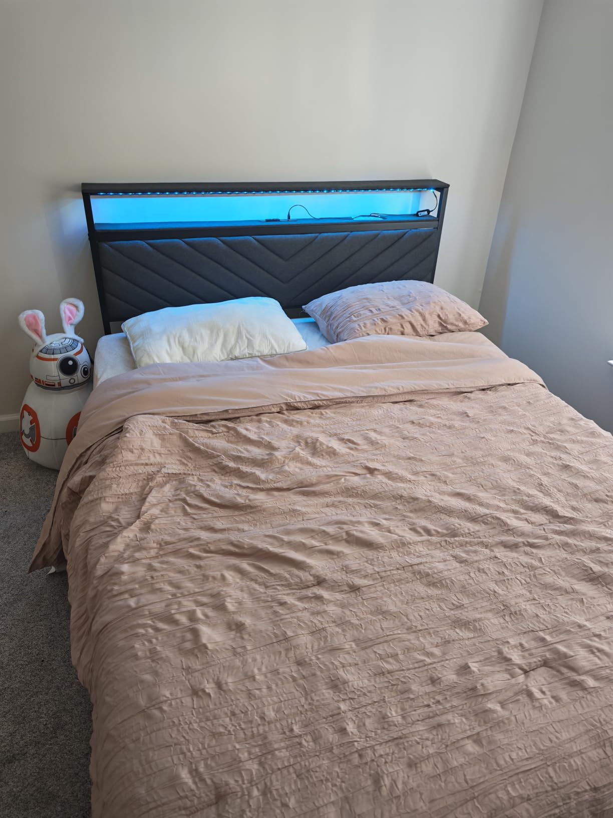 Fluest Queen Bed Frame with 2 Drawers, Upholstered Headboard with Storage and Charging Station, LED Lights, Fabric Drawers with Wheels, Under Bed Storage, No Box Spring Needed, Easy Assembly, Grey customer photo 1