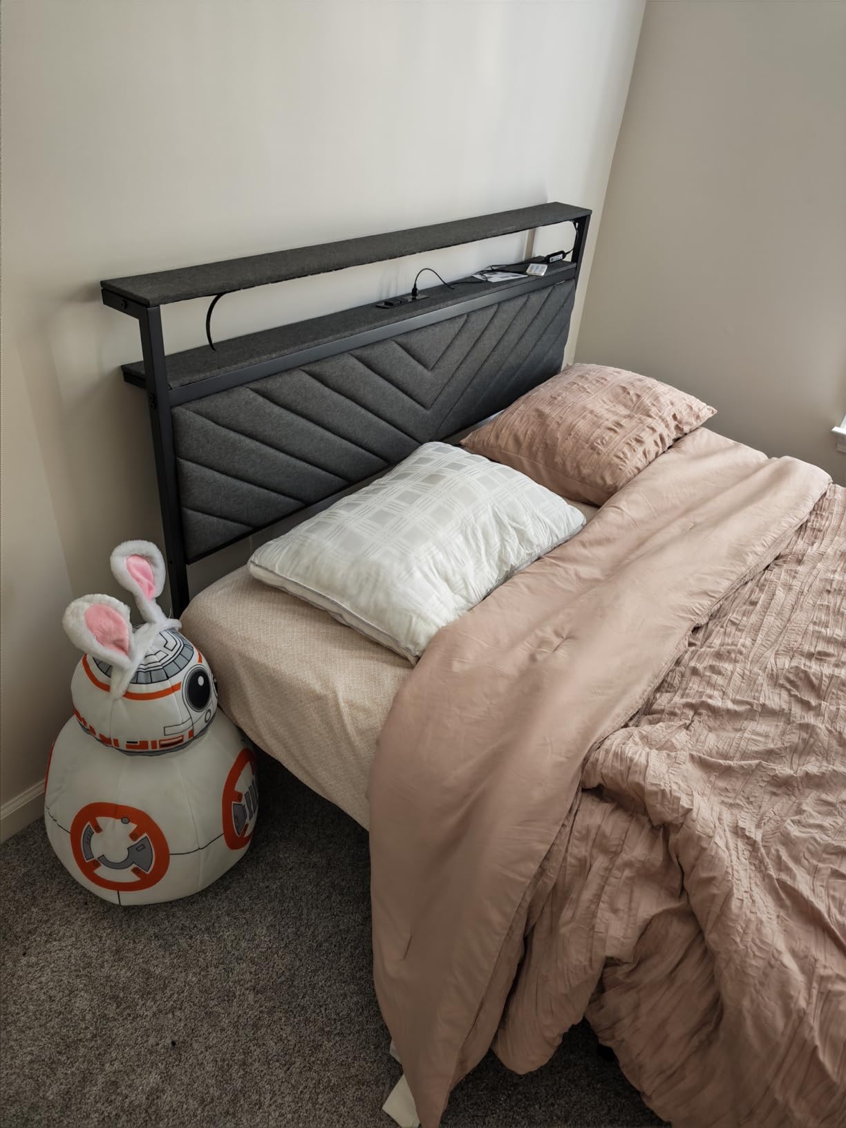 Fluest Queen Bed Frame with 2 Drawers, Upholstered Headboard with Storage and Charging Station, LED Lights, Fabric Drawers with Wheels, Under Bed Storage, No Box Spring Needed, Easy Assembly, Grey customer photo 2