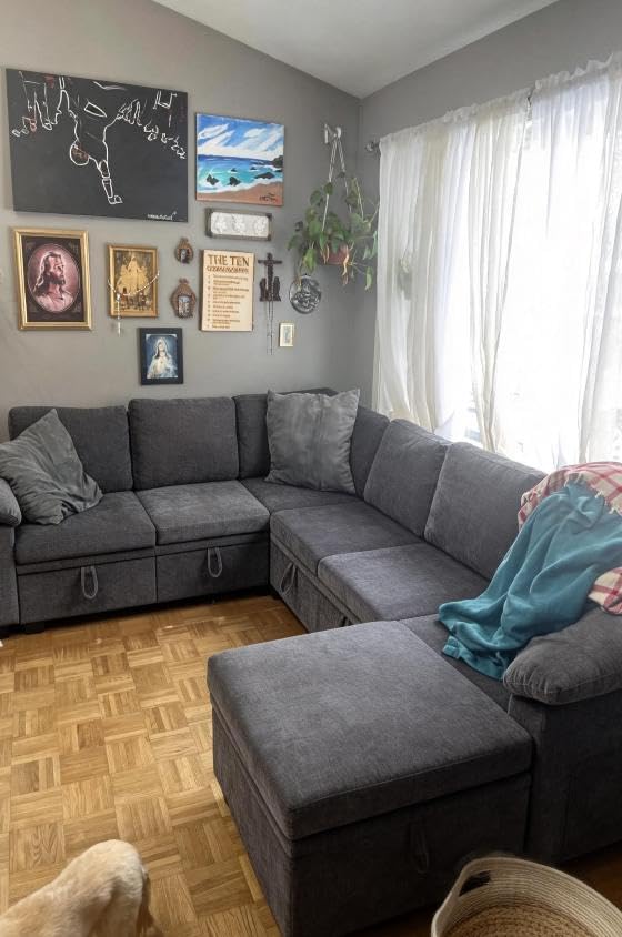 86 Inch Sectional Sleeper L Shaped Sofa with Pull Out Bed, 5 Seater Modular Sectional Sofa with Storage, Modern Chenille Cloud Couch, Sectional Couches for Living Room, Gray customer photo 1