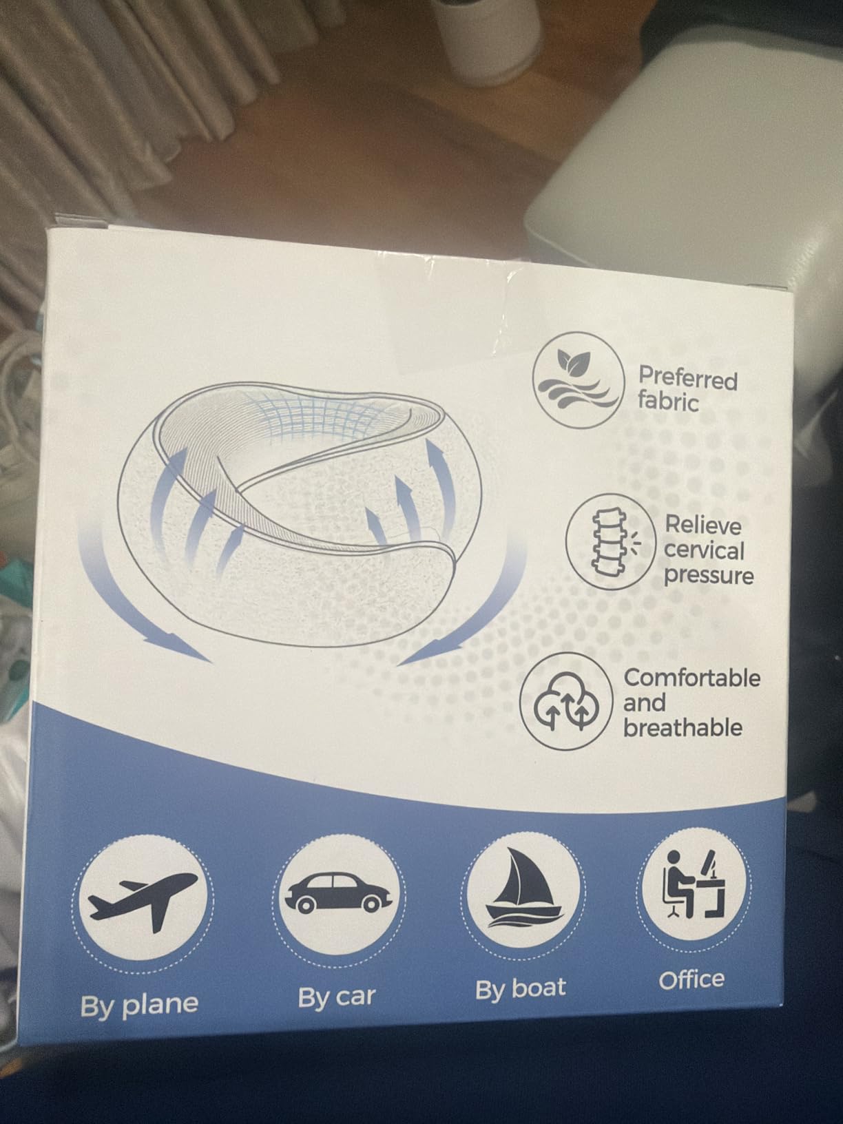 Travel Neck Pillow with 100% Pure Memory Foam, G-Shape, Includes Eye Mask & Ear Plugs, Ergonomic Design for Airplane, Car & Office, etc, Beige Gray customer photo 1