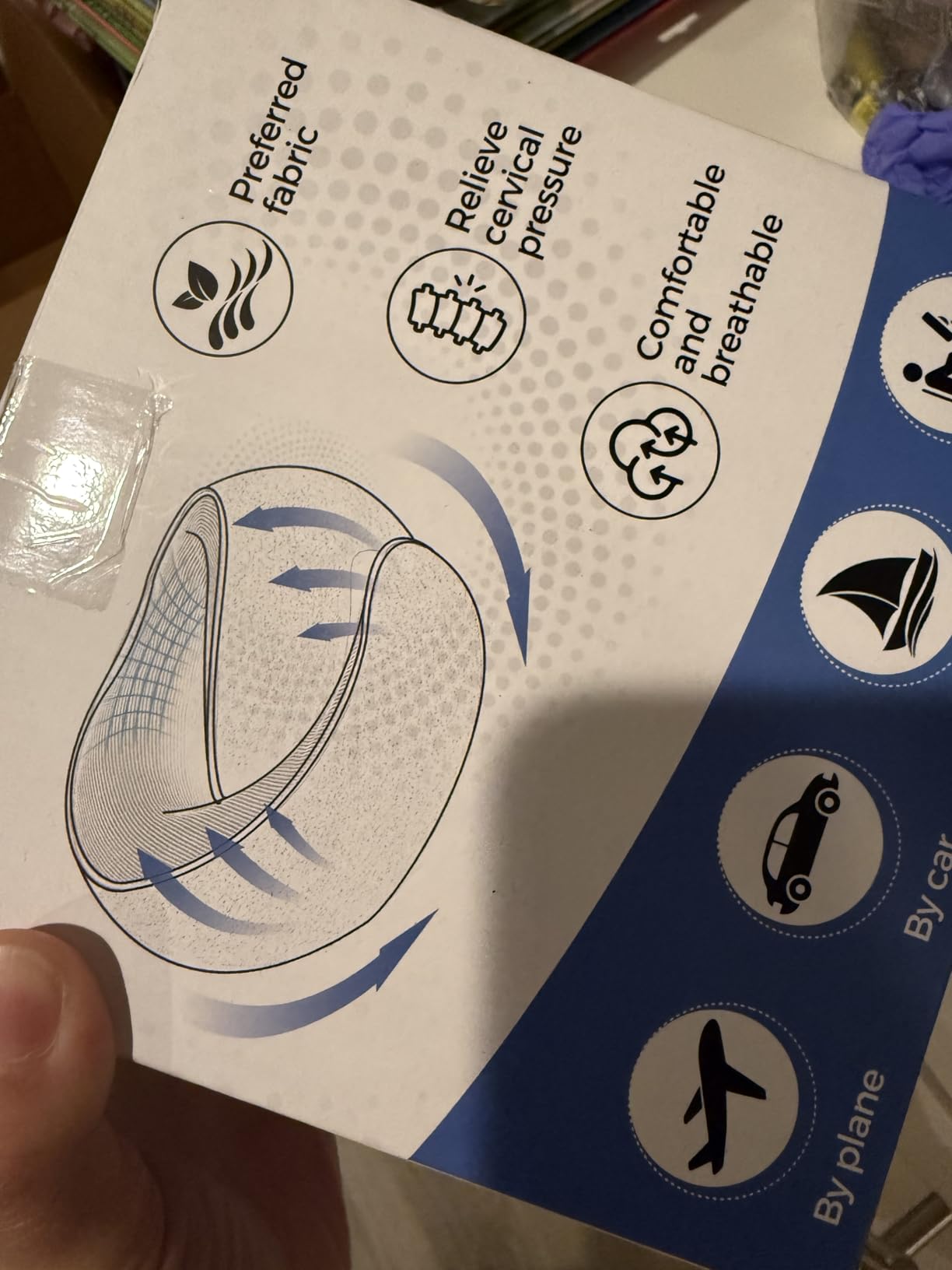 Travel Neck Pillow with 100% Pure Memory Foam, G-Shape, Includes Eye Mask & Ear Plugs, Ergonomic Design for Airplane, Car & Office, etc, Beige Gray customer photo 2