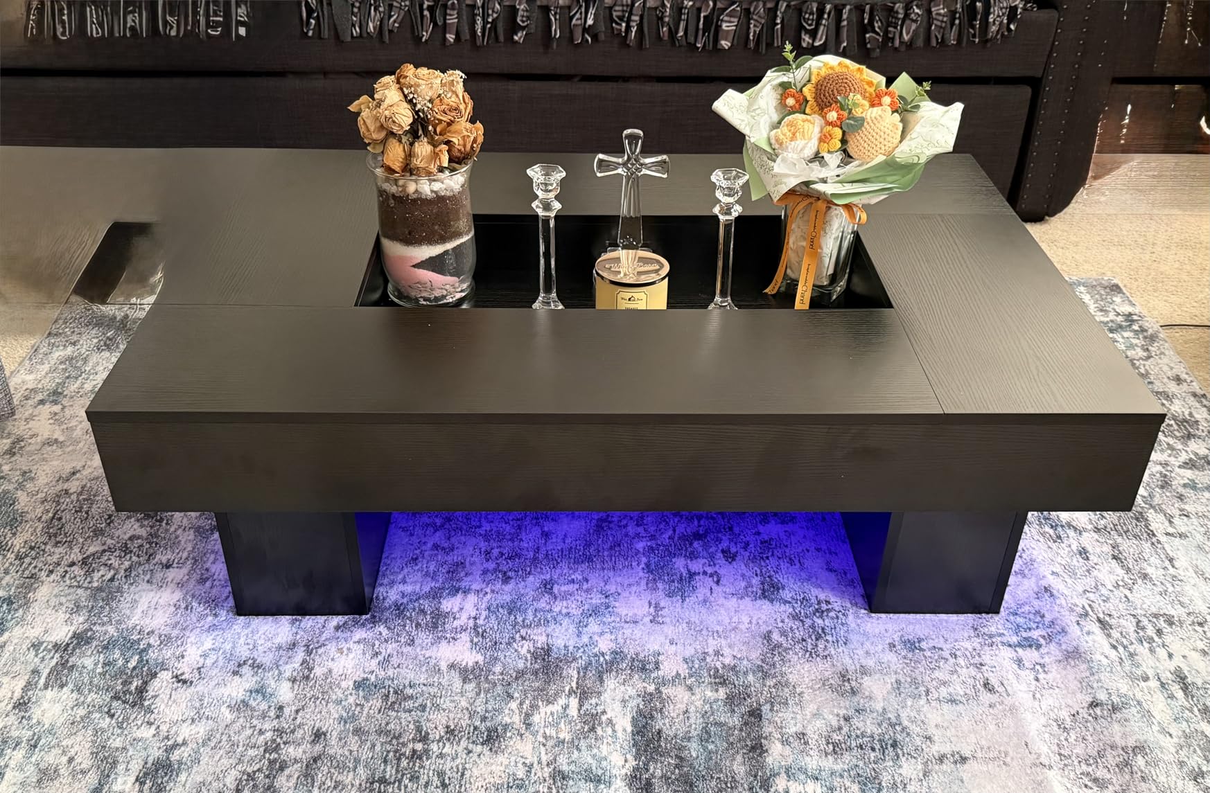 LVB Rustic Coffee Table, Large Wood Living Room Table with Storage, Modern Long Rectangle Led Center Table, Farmhouse Unique Low Wide Tea Table with LED Light for Home Office, 47.24 in, Rustic Brown customer photo 1