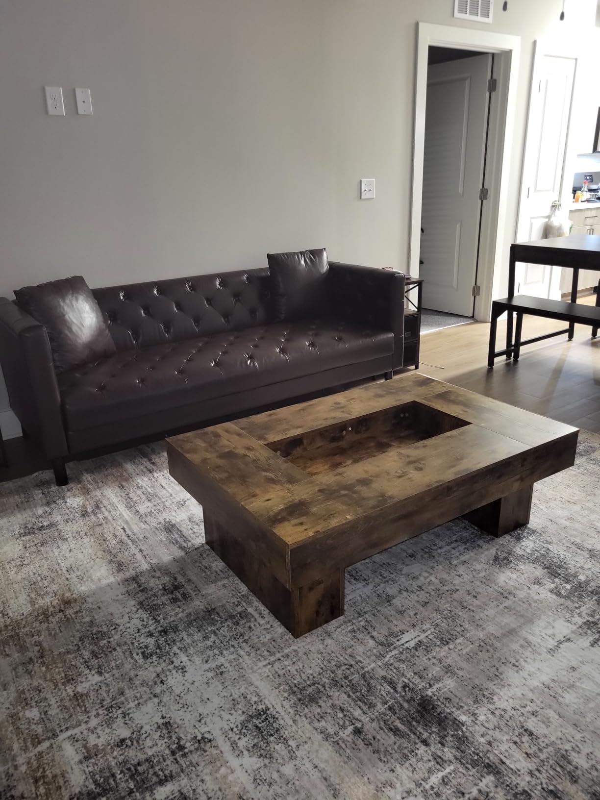 LVB Rustic Coffee Table, Large Wood Living Room Table with Storage, Modern Long Rectangle Led Center Table, Farmhouse Unique Low Wide Tea Table with LED Light for Home Office, 47.24 in, Rustic Brown customer photo 2