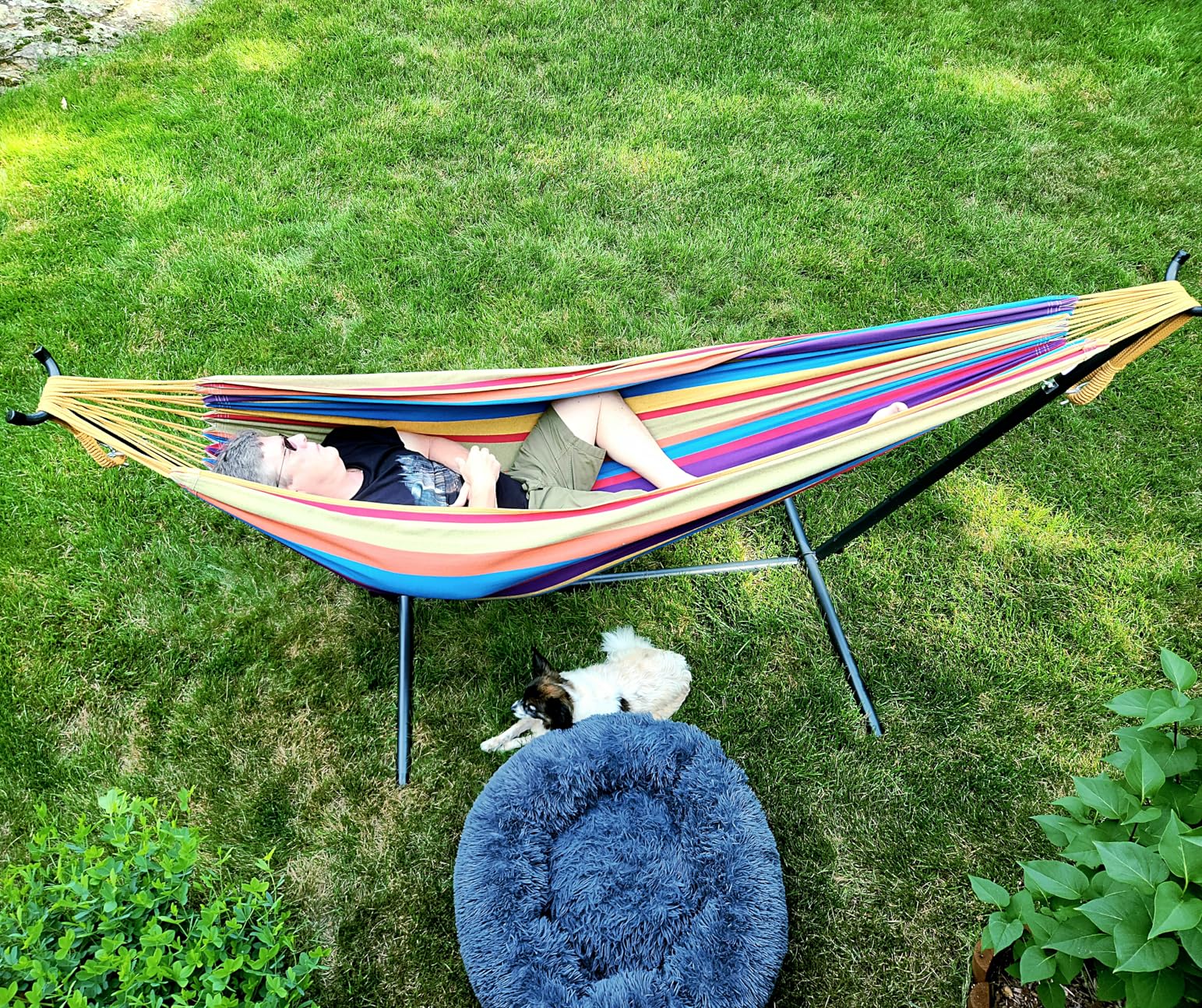 Vivere Double Cotton Hammock with Space Saving Steel Stand, Upgraded Polyester End Strings 450 lb Capacity - Premium Carry Bag Included - USA Grown Cotton (Tropical) customer photo 2